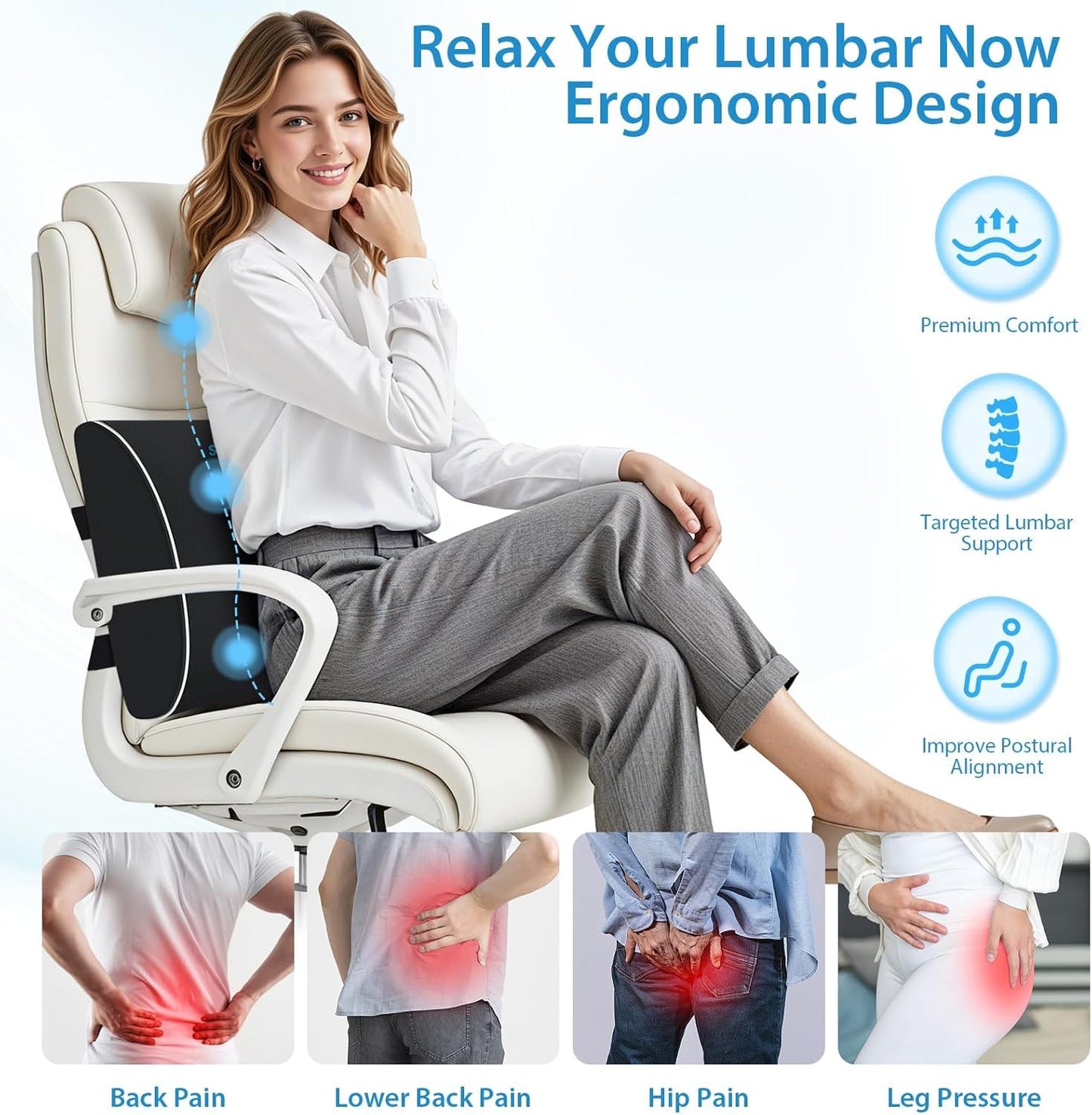 Large Lumbar Support Pillow for Office Chair, Car Seats and Home Desks, Ergonomic Back Support with Double Adjustable Straps, Machine Washable Cover, Grey