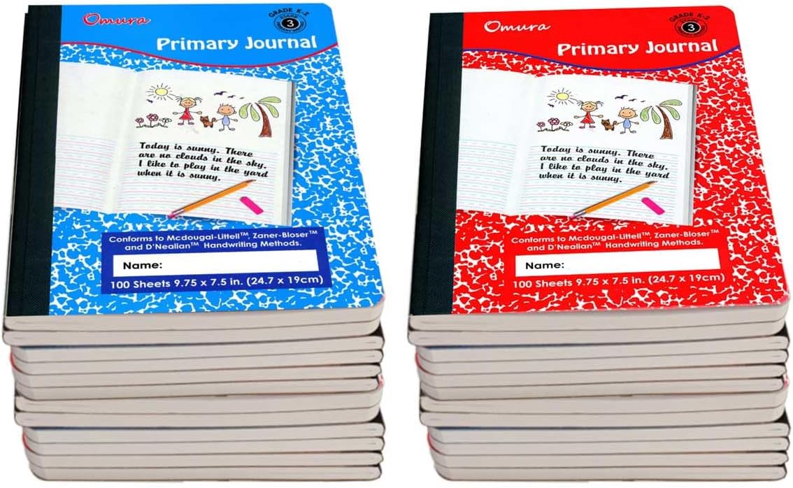 OMURA PRIMARY JOURNAL NOTEBOOK Grades K-2, Half Page Ruled Composition Notebook, 100 Sheets (24-Pack)
