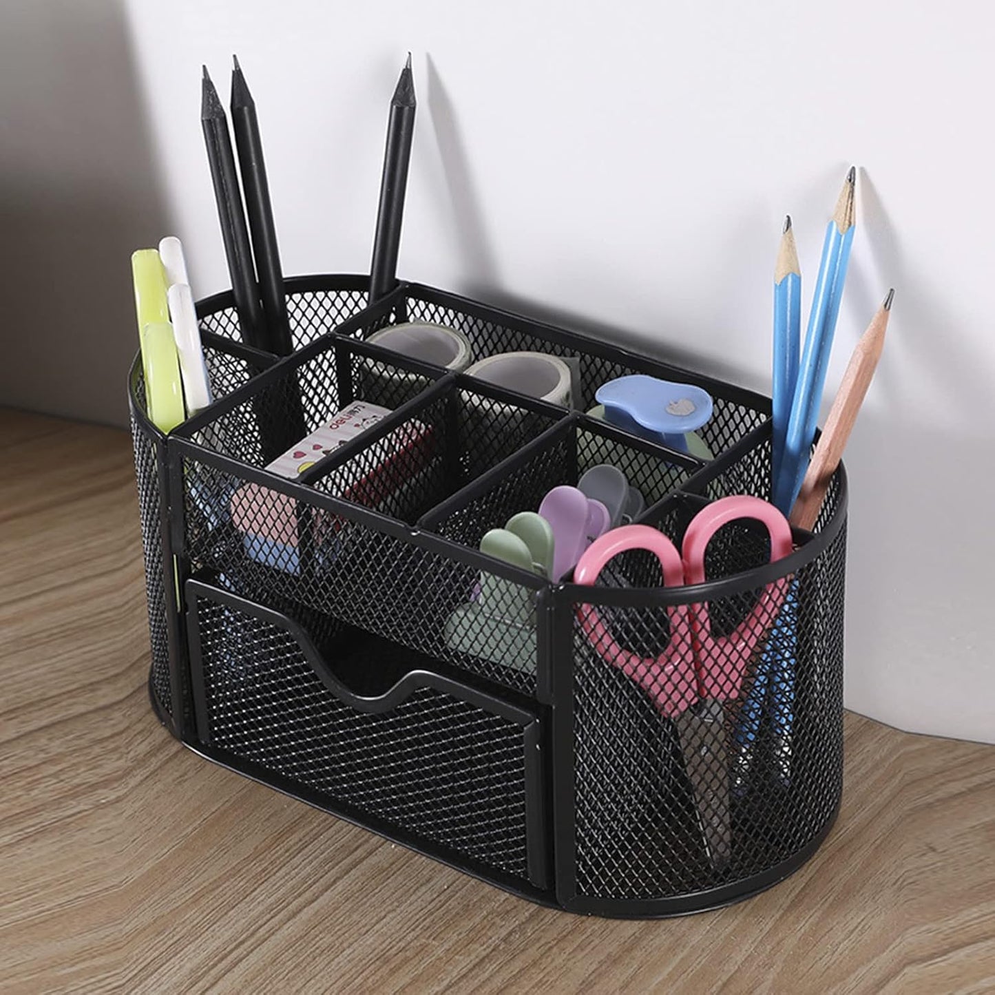 Desk Organizer Mesh Desktop Office Supplies Multi-functional Caddy Pen Holder Stationery with 8 Compartments and 1 Drawer for Office, Home, School, Classroom (Black)