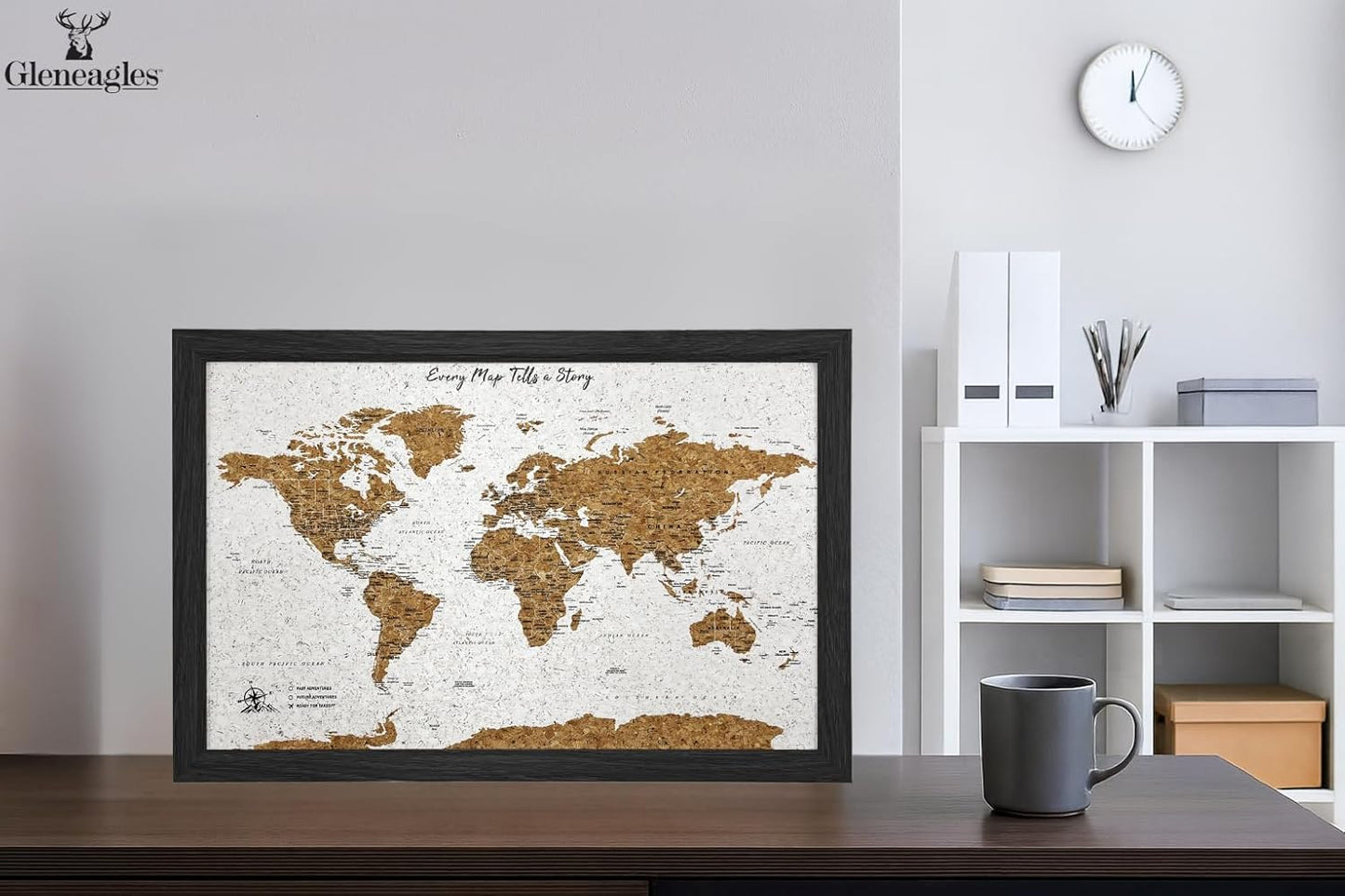 Gleneagles World Travel Map & Pin Board | Framed Pinboard | Cork Wooden Design | 70 Push Pins Included | 14.2'' x 21.2'' Personalised Home Wanderlust Decor for Travelers (Black)