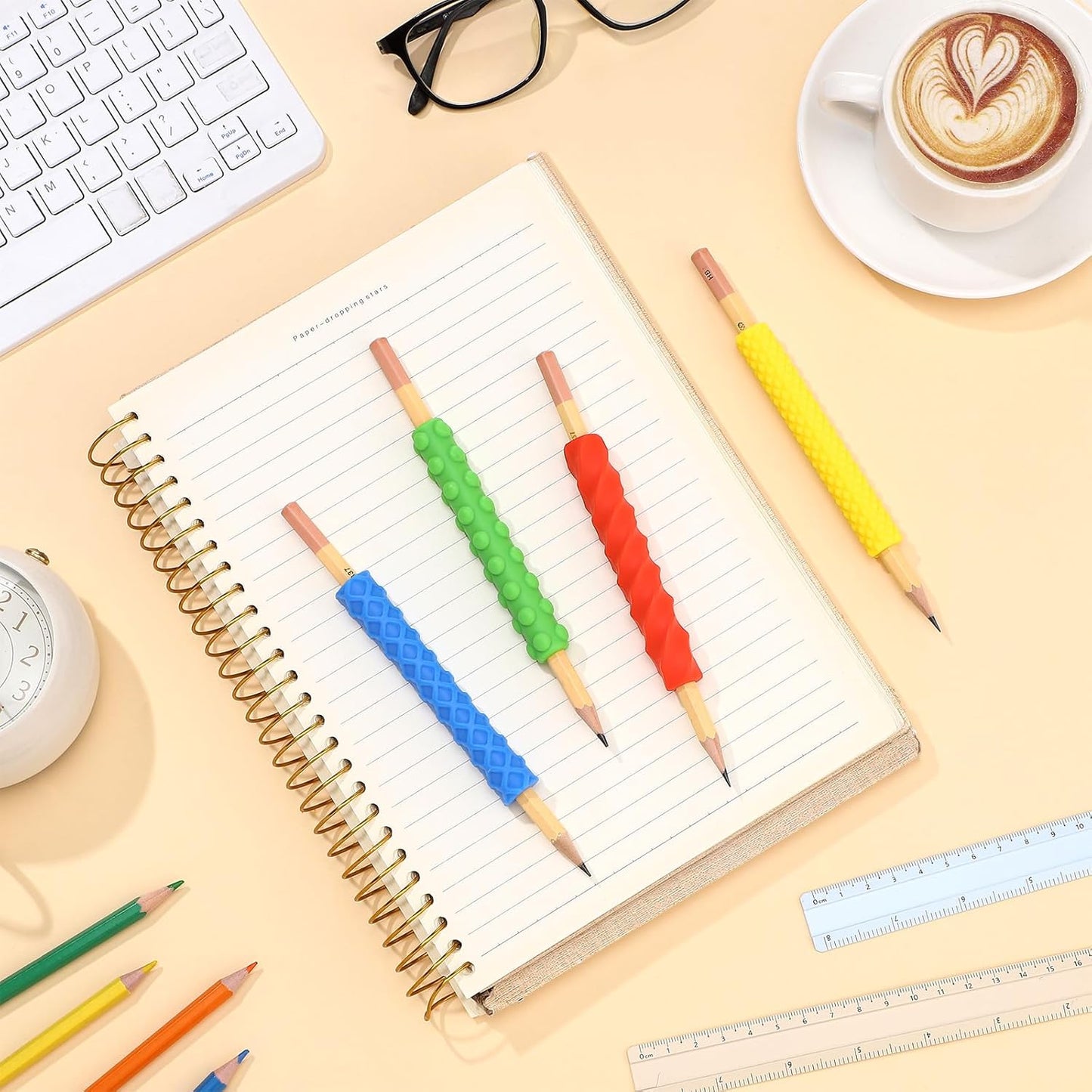 4 Pack Textured Fidget Pencil Grips with 4 Pencil, Silicone Sensory Fidget Toys for Adults Autism Calming, ADHD Tool, Anxiety Relief, Quiet Classroom, Quite Tool Gifts for Adults & Teens