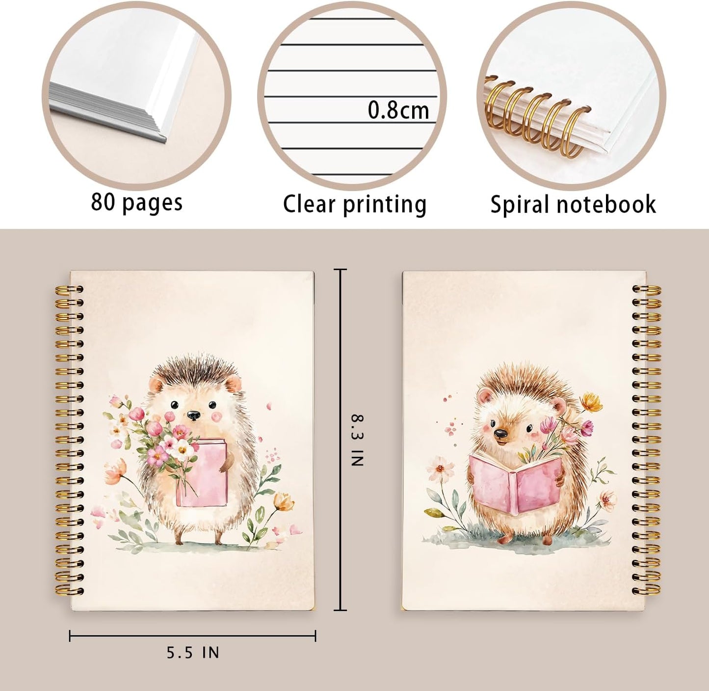 Cute Hedgehog Reading Notebook Journal for Kids, Hedgehog Gifts Notebooks for Women, Book Lovers Gifts Journal, Cute Animal Reading Books Hardcover Spiral Notebook 5.5x8.3 Inch
