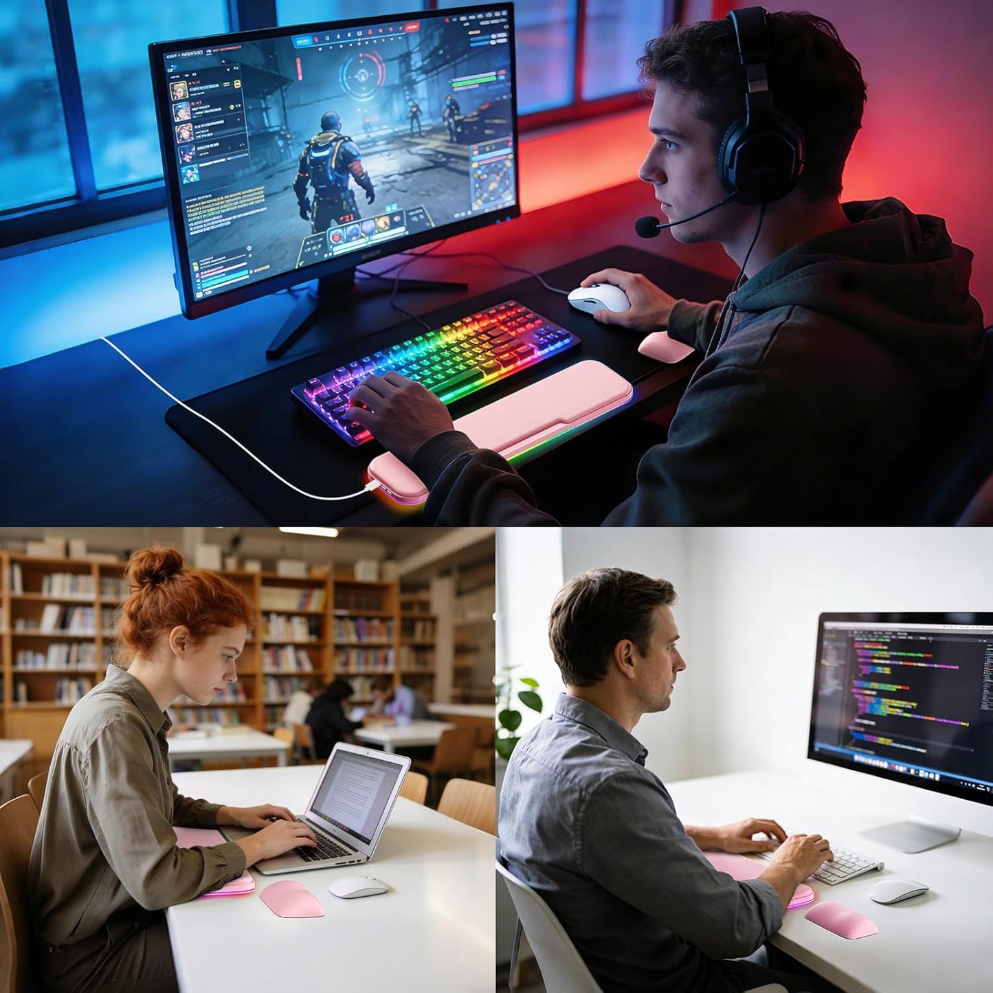 2-in-1 Heated Wrist Rest Set, Ergonomic Memory Wrist Pad with RGB Lights and Non-Slip Base, Keyboard Mouse Wrist Rest for Computer Laptop Office Work and PC Gaming