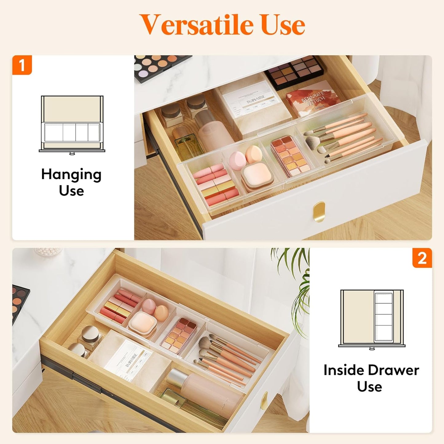 Lifewit Sliding Makeup Drawer Organizer Trays with Inserts, Extendable Hanging Desk Drawer Divider, Fits 13-20" Deep Drawers, 1.8" High Plastic Organizer Tray for Vanity, Office, Kitchen, Translucent