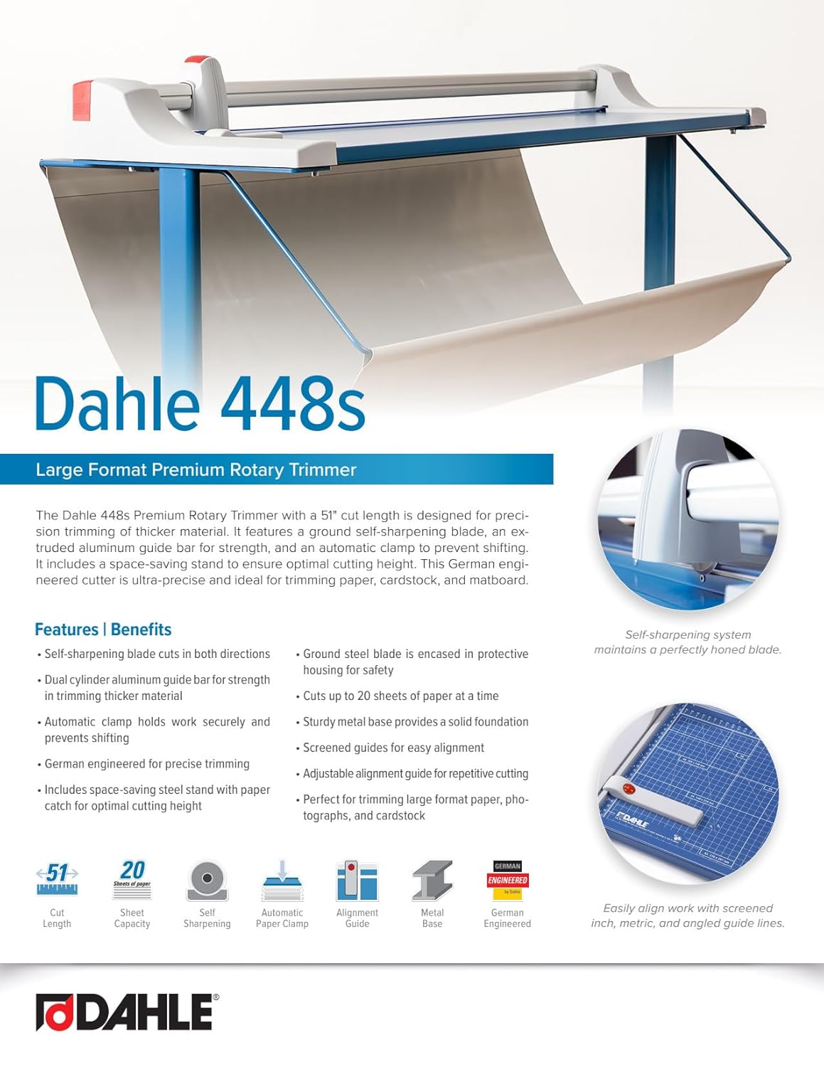 Dahle 448s Premium Rotary Trimmer w/Stand, 51" Cut Length, 20 Sheet Capacity, Self-Sharpening, Automatic Clamp, German Engineered Paper Cutter