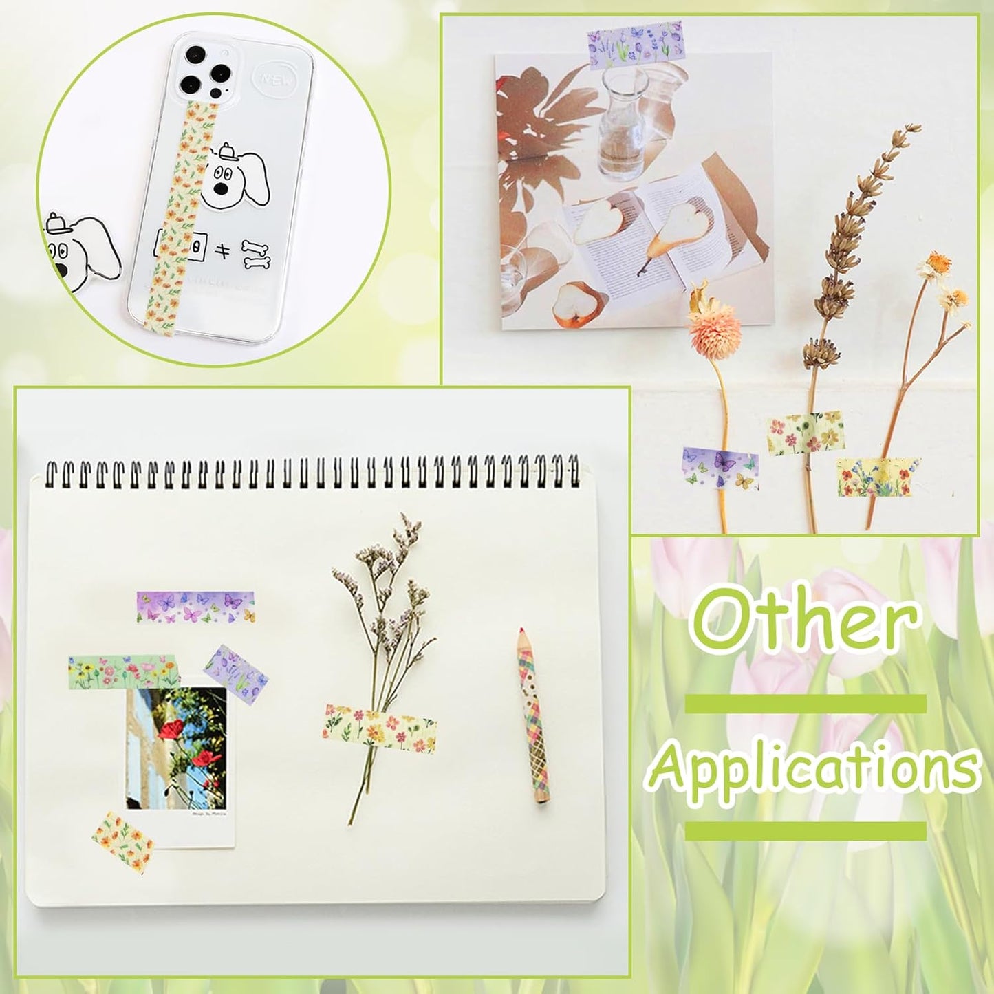 Benvo 12 Rolls Floral Washi Tape 15 mm Wide Flower Masking Tape Decorative Paper Tape for Journals, Scrapbooks,Vision Boards, Planners, Envelope DIY(5m Long Each Roll, 12 Flowers Pattern A)