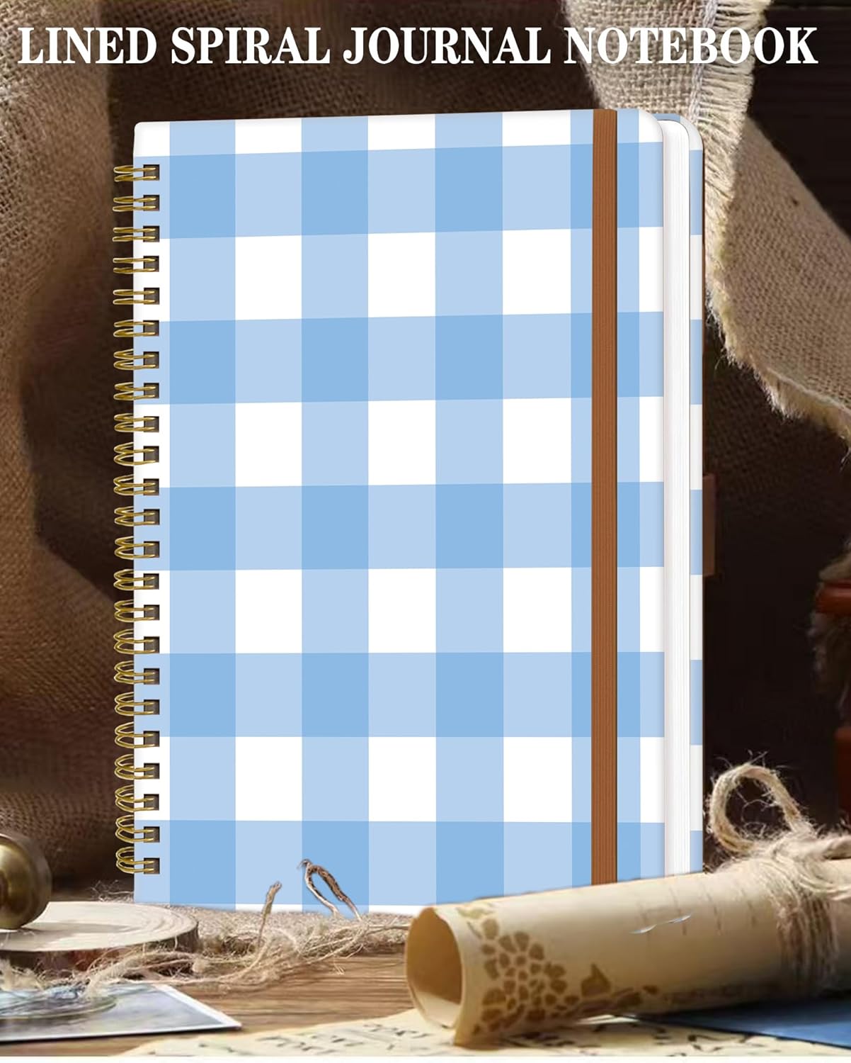 Spiral Journal Notebook for Women, Hardcover A5 College Ruled Notebook, 120 Pages, Thick Paper, Cute Lined Journal for School, Office & Work, 6 x 8.4 in(Blue Gingham Stripe)