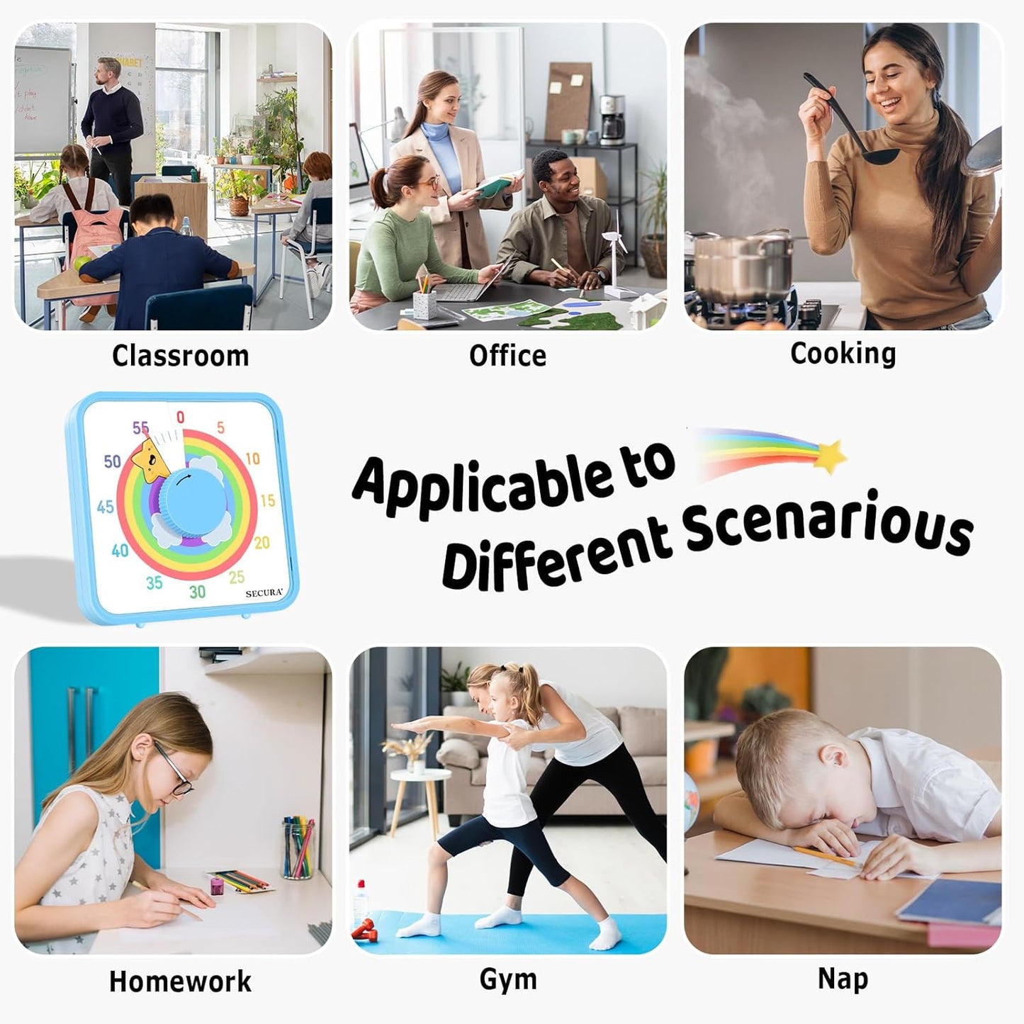 Secura 60-Minute Visual Timer, 7.5 Inch Magnetic Rainbow Countdown Timer for Classroom or Kitchen, Durable Mechanical Timer Clock with Magnetic Backing (Blue & Star)