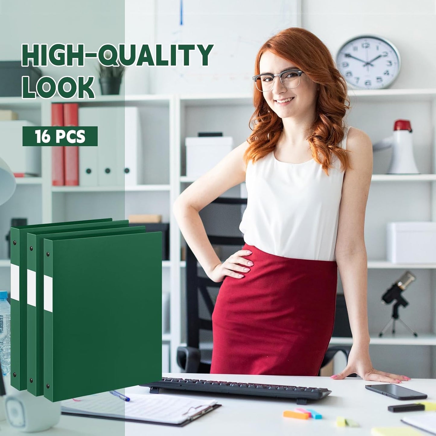 Henoyso 16 Pcs 3 Ring Binder 1/2'' Round Fits Letter Size 8. 5'' x 11'' Paper Plastic Flexible Binder Holds 100 Sheets with 1 Pockets Versatile Organizer for Office Home School (Dark Green)