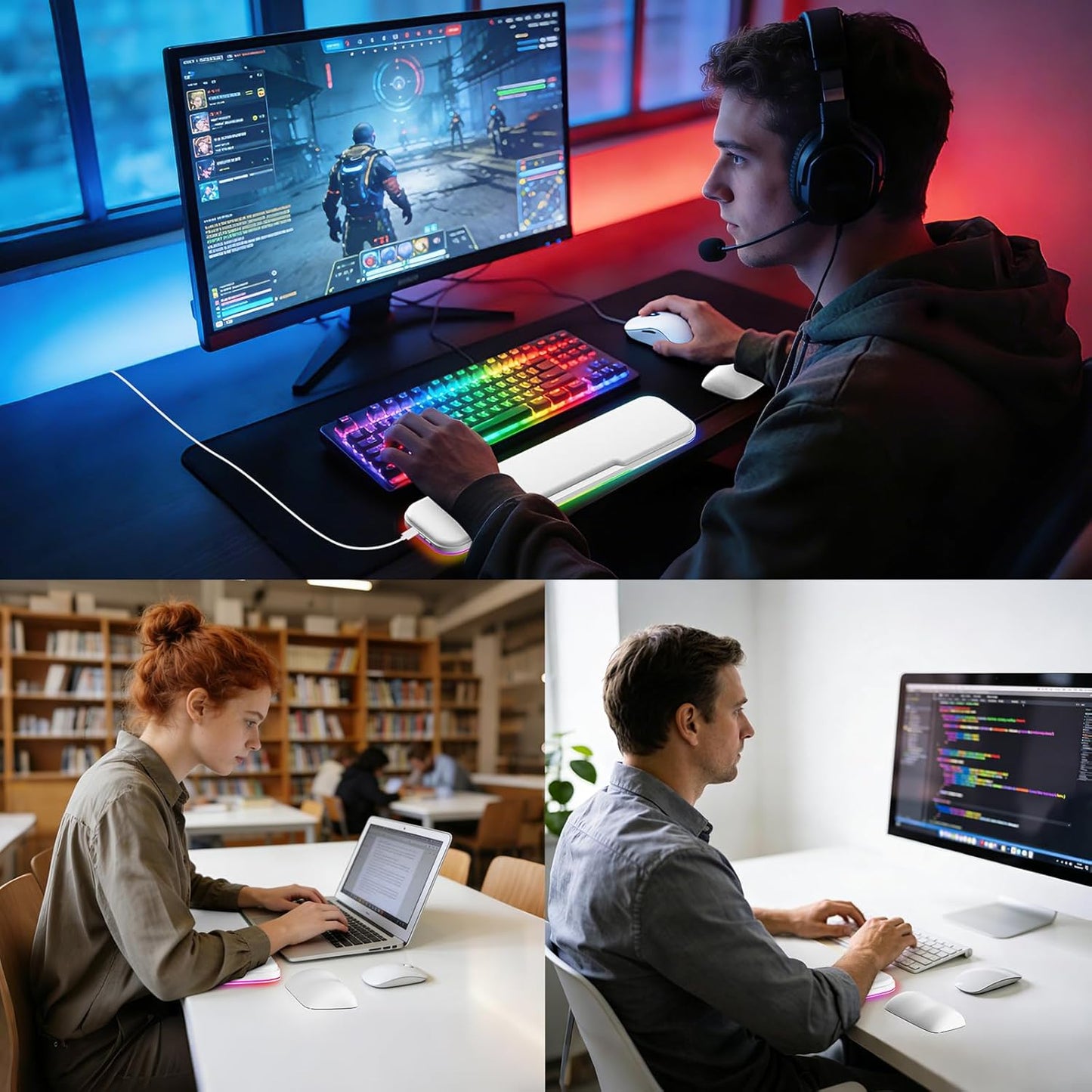 2-in-1 Heated Wrist Rest Set, Ergonomic Memory Wrist Pad with RGB Lights and Non-Slip Base, Keyboard Mouse Wrist Rest for Computer Laptop Office Work and PC Gaming