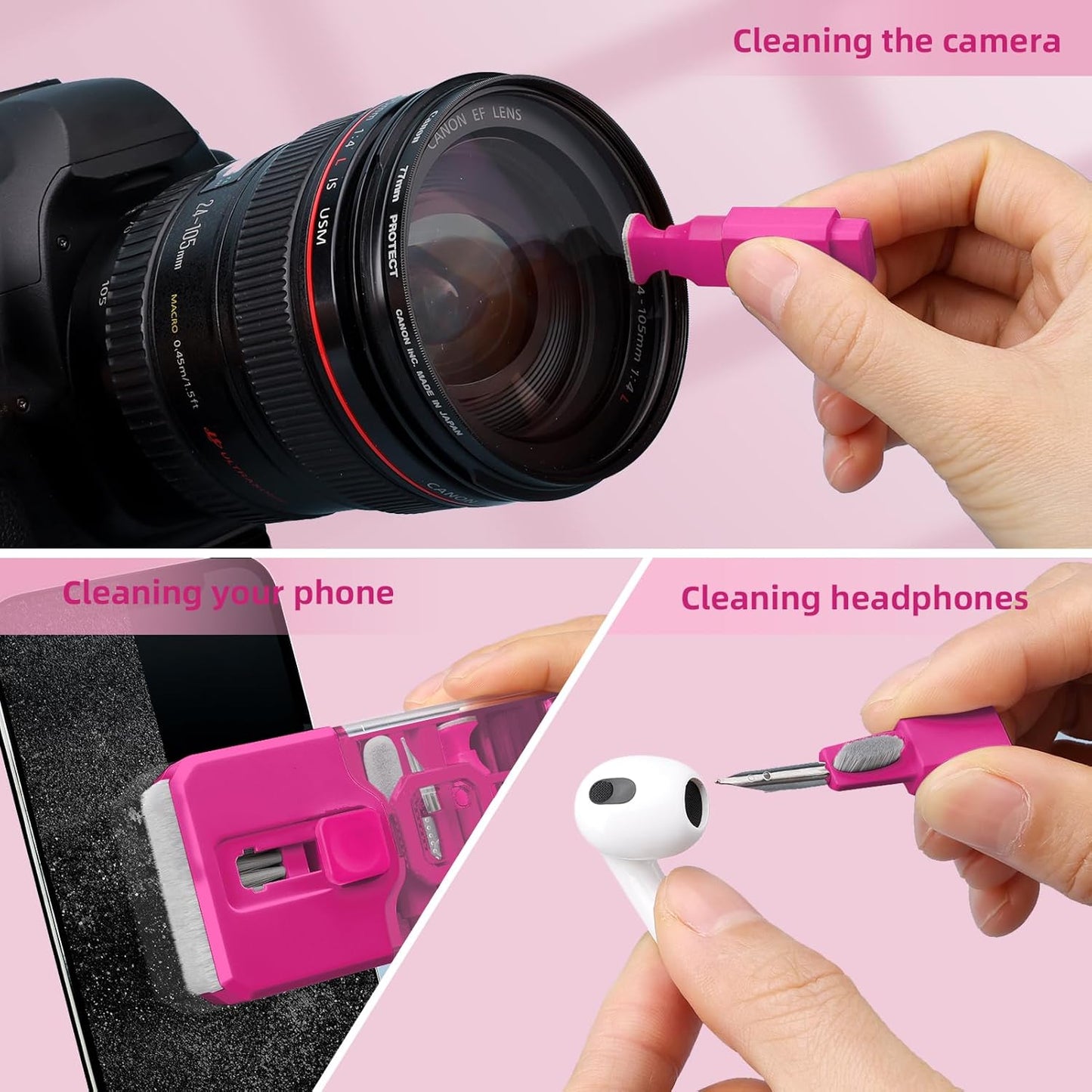 Ordilend Keyboard Cleaner Laptop Cleaning Kit, Car Accessories for Women Interior, Desk Accessories Office Supplies for Women, Patented Camera Cleaning Kits, HotPink