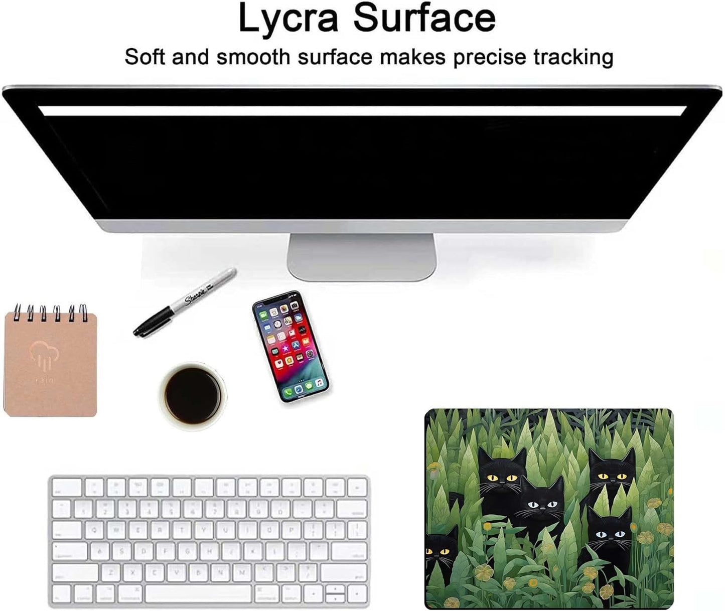 Cute Cat Mouse Pad Plants Mouse Pads for Desk,Cool Desk Pad Keyboard Mat Kawaii Black Cat Flower Non Slip Rubber Base Mouse Pad for Office Laptop, Landscape Mouse Pad,Square Mouse Mat