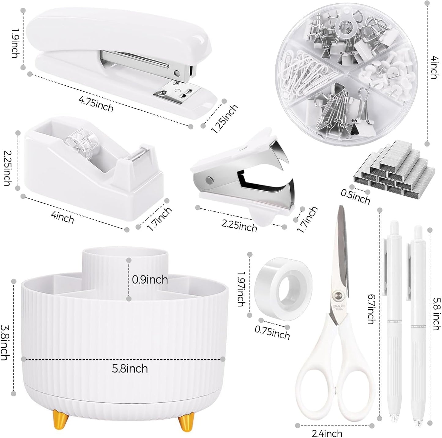 SKYDUE White Office Supplies Set, Office Desk Accessories 10PCS, Pencil Holder for Desk, Stapler, Tape Dispenser, Scissors, Ruler, Binder/Paper Clips and 1000pcs Staples,Desk Supplies Set
