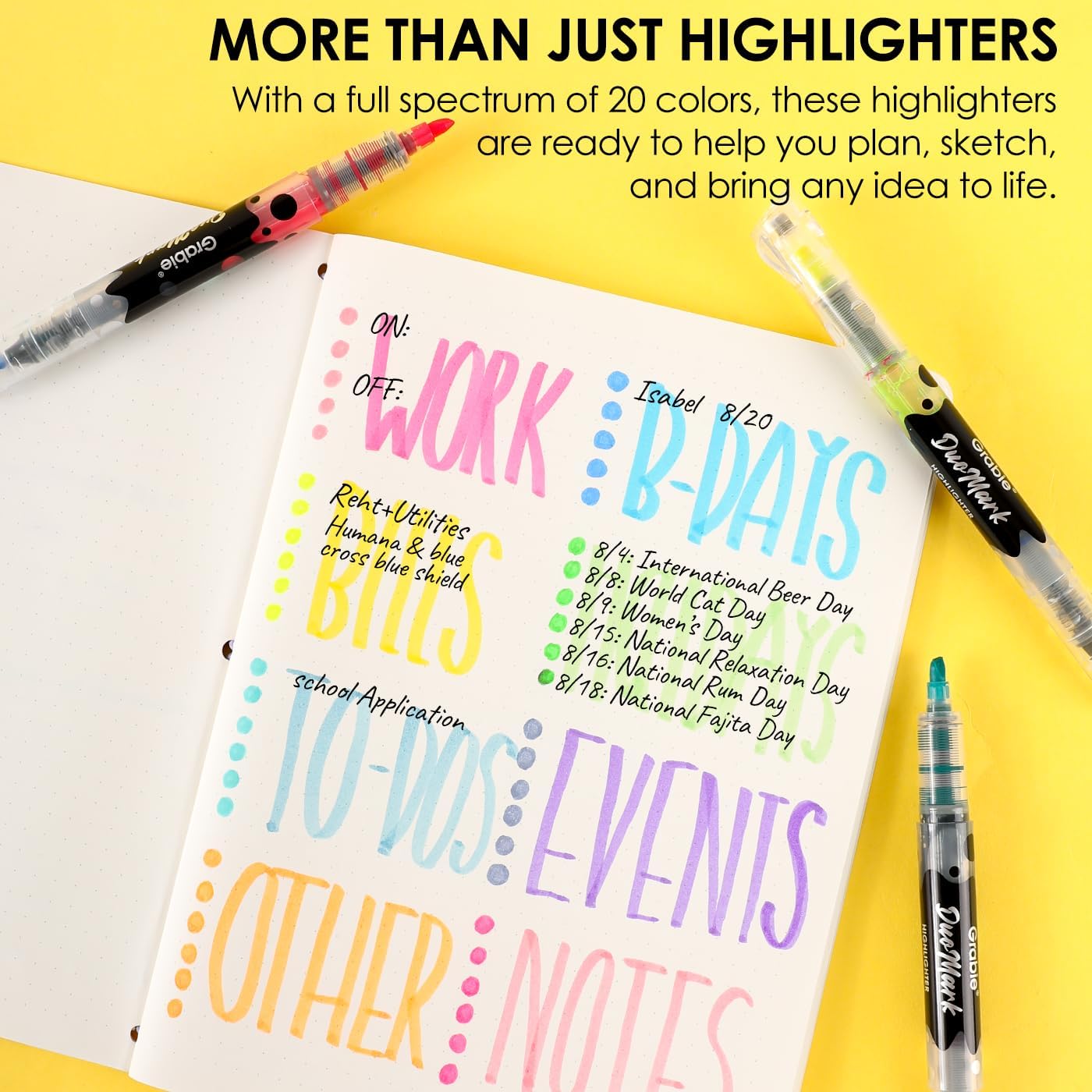 Grabie 20 Dual Tip Colors Highlighters, DuoMark Highlighter Set of 10, Dual Tone Highlighters Assorted Colors, Versatile Chisel Tip, Highlighter Markers, Note-taking