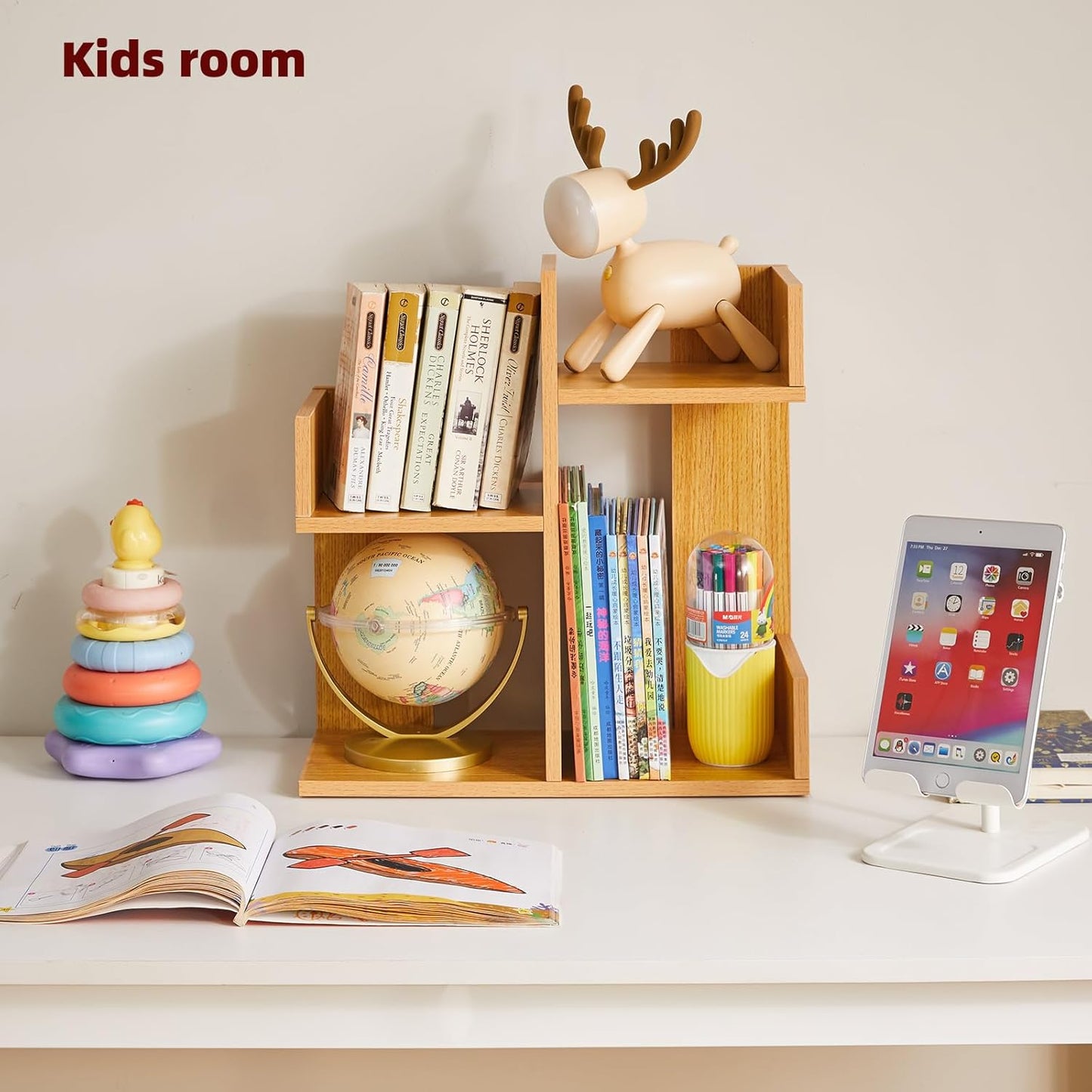 Short Bookshelf Small Desk Organizer, Cactus Bookshelf Unique Bookcase, Book Display Shelf Small Plant Stand for Tabletop, Natural Wood Color YD-DSR002N