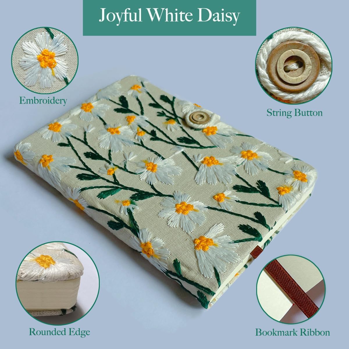 Daisy Gifts, Hardcover Notebook, Ruled Notebook, Embroidered Journal, Floral Notebook, A5, 8"x6", Lined, Lay Flat, Pretty Journal for Women, Personal Journal, White Daisy Flowers