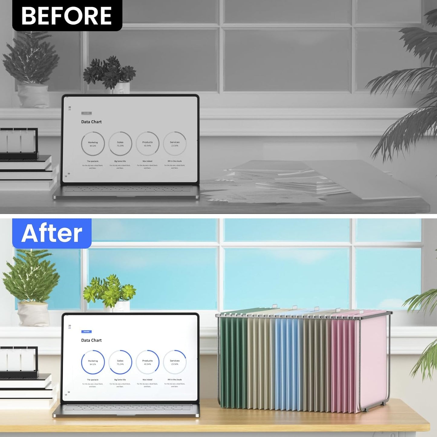 Hanging File Folders Letter Size, Metal File Frame with 25 Pcs Colored Hanging File Folders, No Extension 1/5-Cut Tabs File Organizer Includes Hanging Folders for Desk Office Filing Cabinet