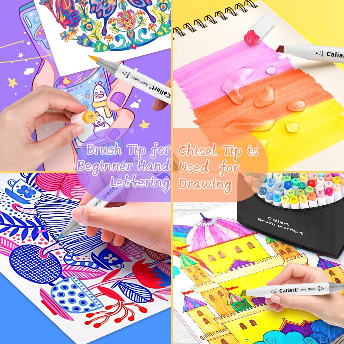 Caliart Alcohol Markers Brush Tip, 51 Colors Dual Tip Artists Coloring Markers Set Brush & Chisel, Permanent Alcohol Based Colored Sketch Pens, Art Supplies Gifts for Adults Drawing Illustration