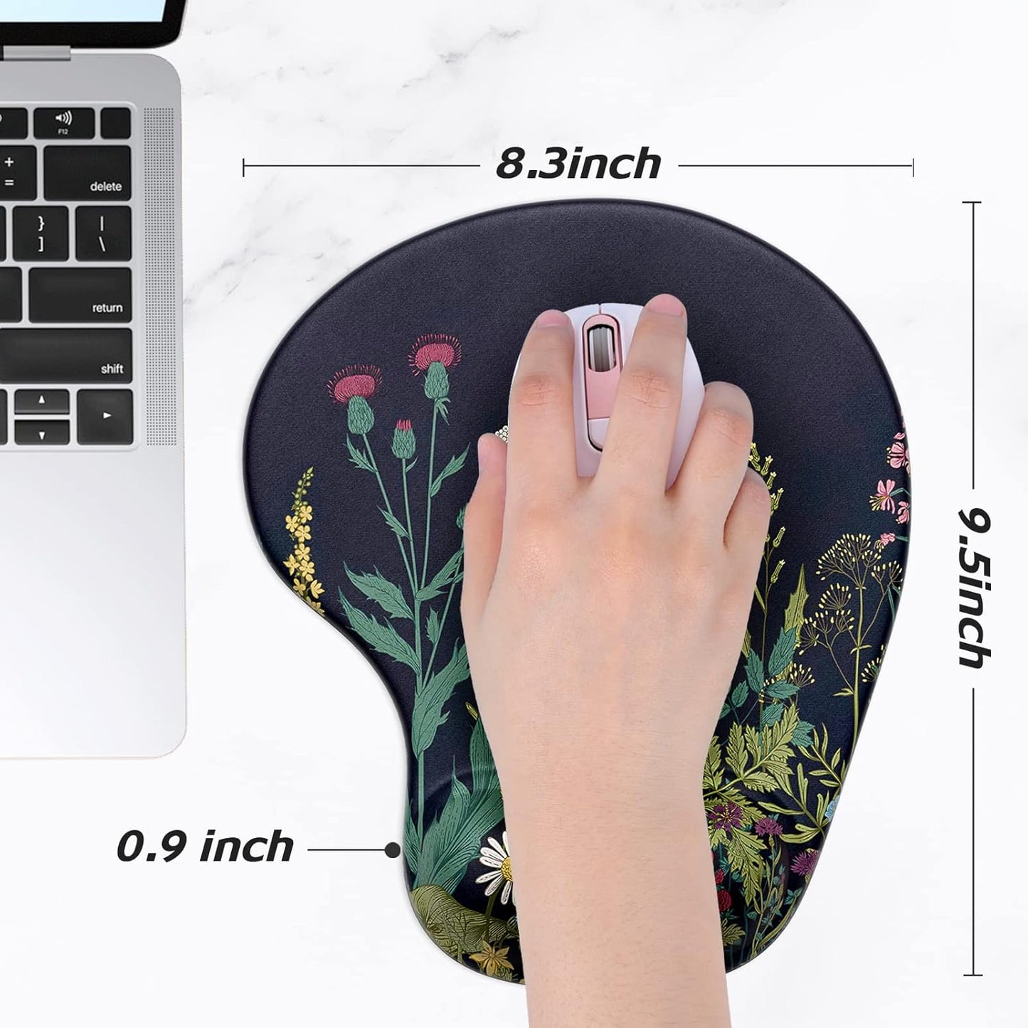 Hsurbtra Ergonomic Mouse Pad with Wrist Rest Support, Gel Mouse Pads with Non-Slip PU Base, Pain Relief Memory Foam Computer Mat, Cute Office Supplies Desk Decro Accessories, Black Flower