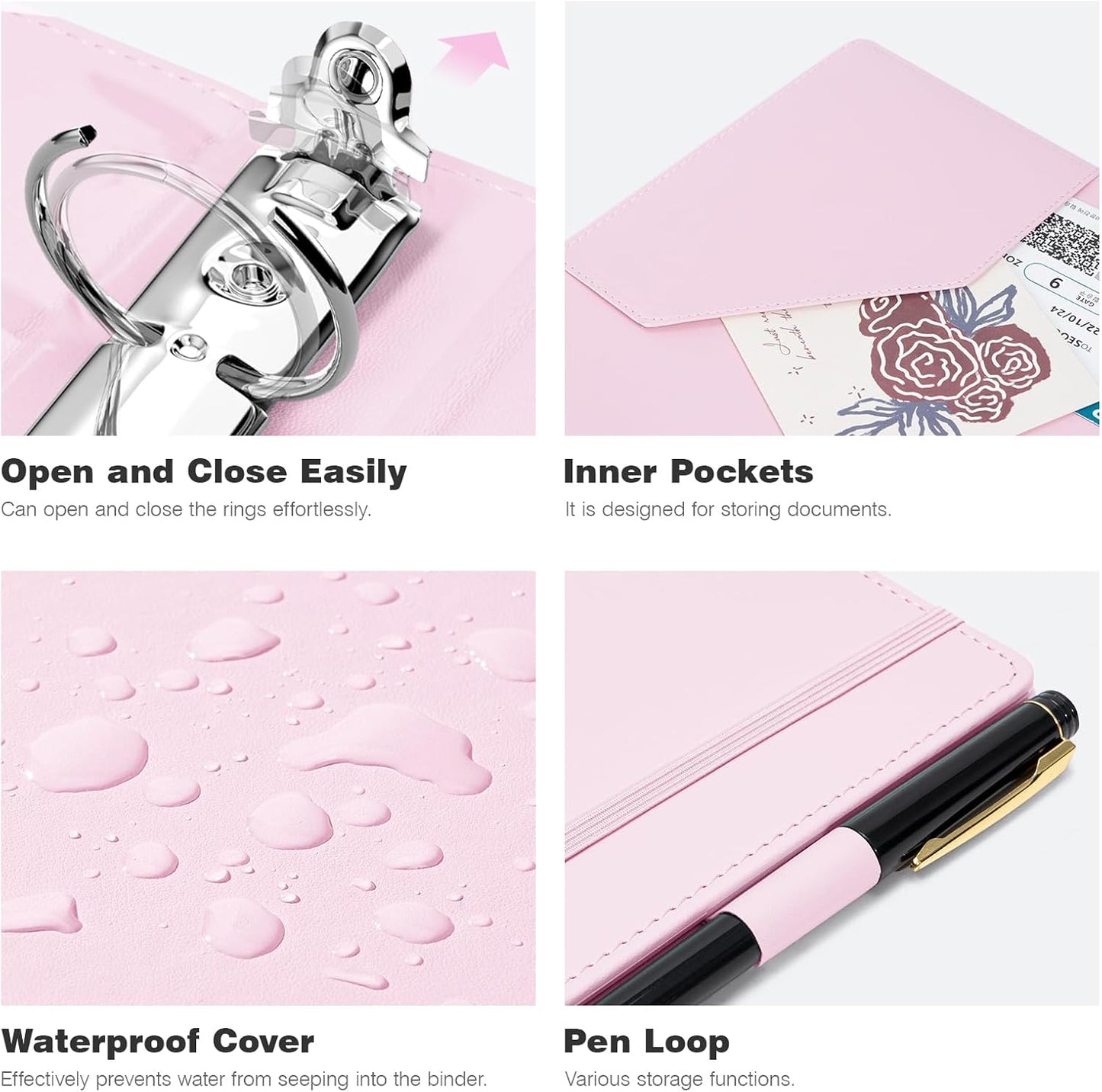 Ospelelf Mini 3 Ring Binder 5.5" x 8.5", 2 Inch Clipboard Binder with Dividers, Professional Leather Binders Organizer for Office, School, Pink