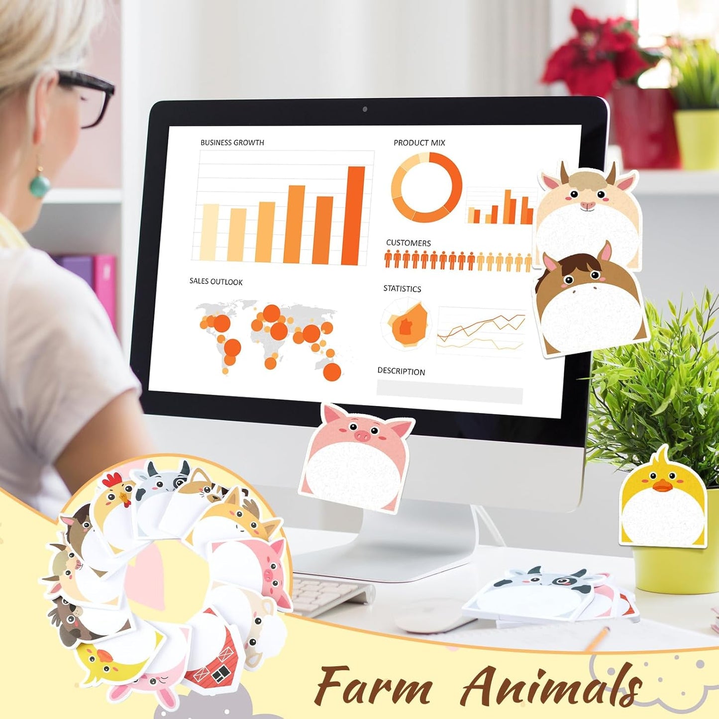 Yinder 24 Pads Cute Sticky Notes Fun Kawaii Animal Sticky Notes Pads Bulk Cartoon Memo Self Adhesive Gift for Christmas Veterinary Office School Tab Party Supplies(Farm Animals)
