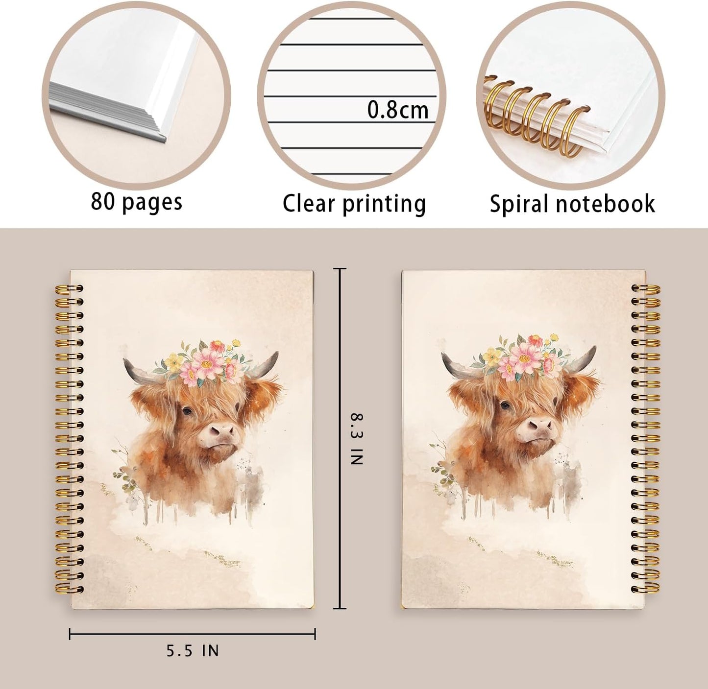 Vintage Floral Cow Notebook, Cows Lover Gifts Notebooks for Note Taking, Cows Gifts for Women Journal, Cute Western Flower Fluffy Cow Journals for Writing, 5.5x8.3 Inch