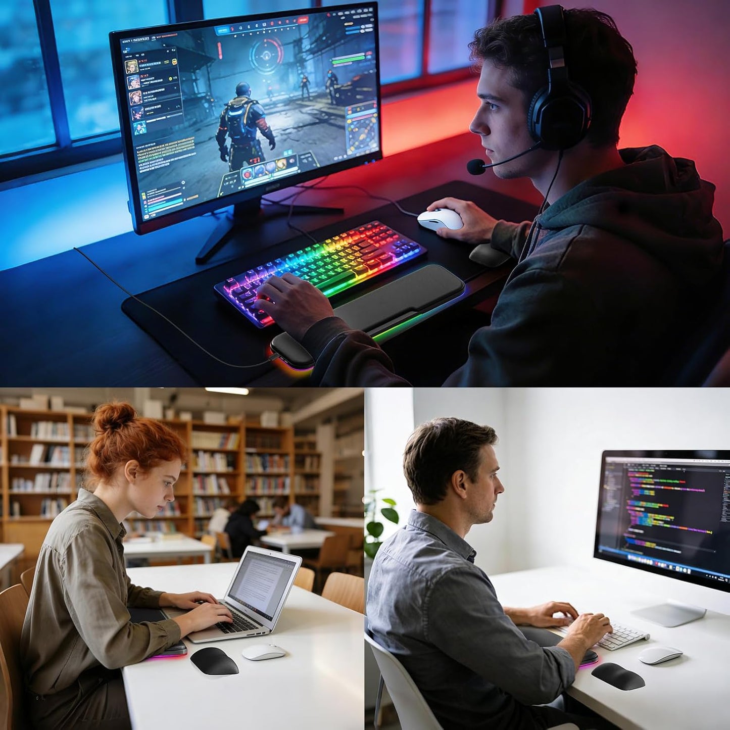 2-in-1 Heated Wrist Rest Set, Ergonomic Memory Wrist Pad with RGB Lights and Non-Slip Base, Keyboard Mouse Wrist Rest for Computer Laptop Office Work and PC Gaming