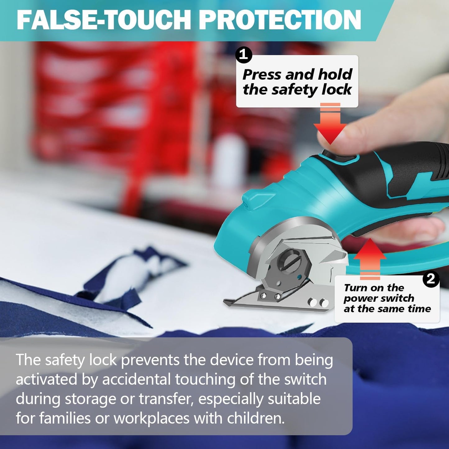 Cordless Electric Scissors, 4V Box Cutter & Cardboard Cutter with 2 Titanium Blades - Rotary Cutter with LED Light for Fabric, Leather, Carpet, Plastic, Crafting + Storage Case (Aqua Blue)