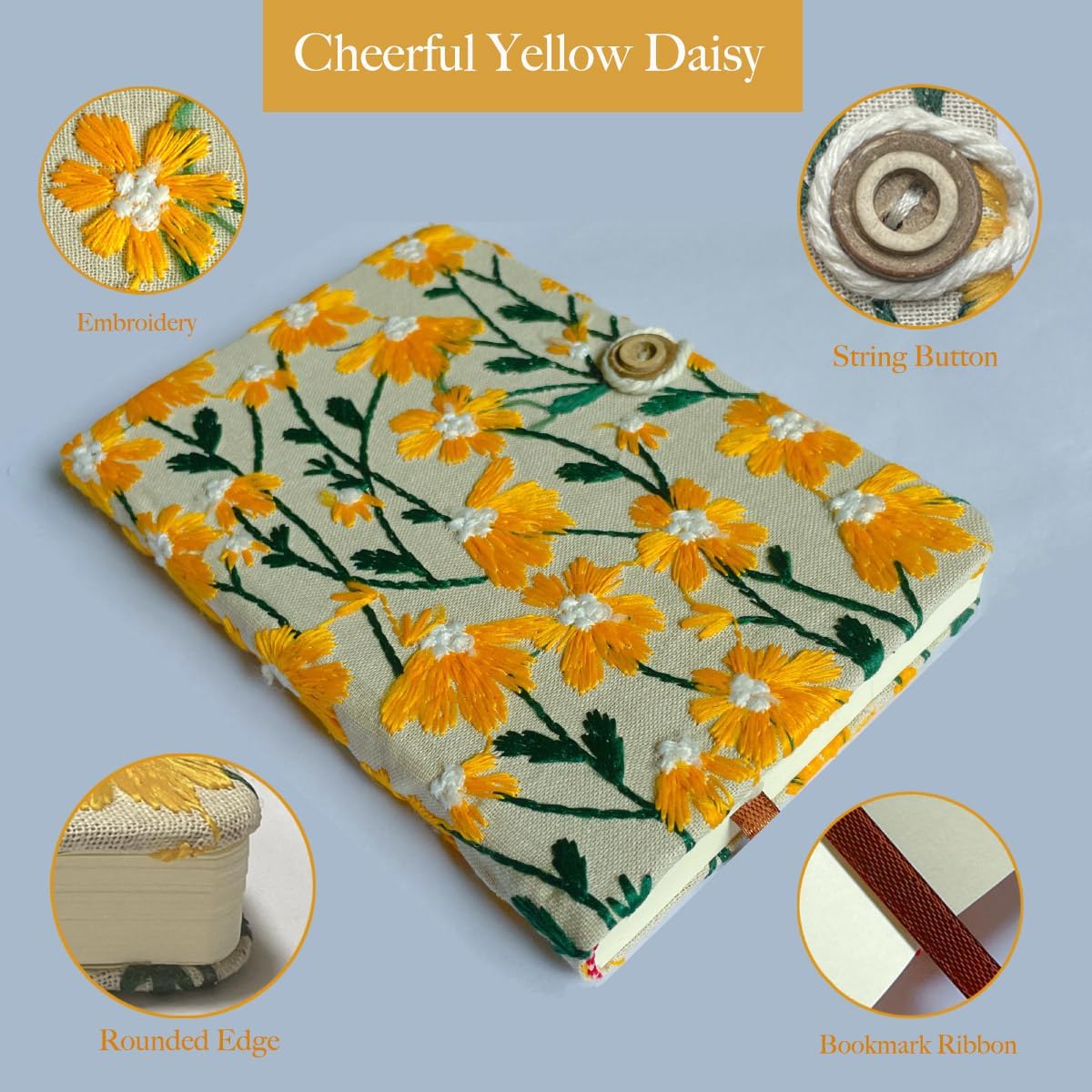 Daisy Gift, Flower Journal, Embroidered Notebook, Beautiful Journals for Women, 8"x6", Hardcover, Lay Flat, A5, Wide Ruled, Writing Journal, Cute Notebook, Pretty Journal, Yellow Daisy