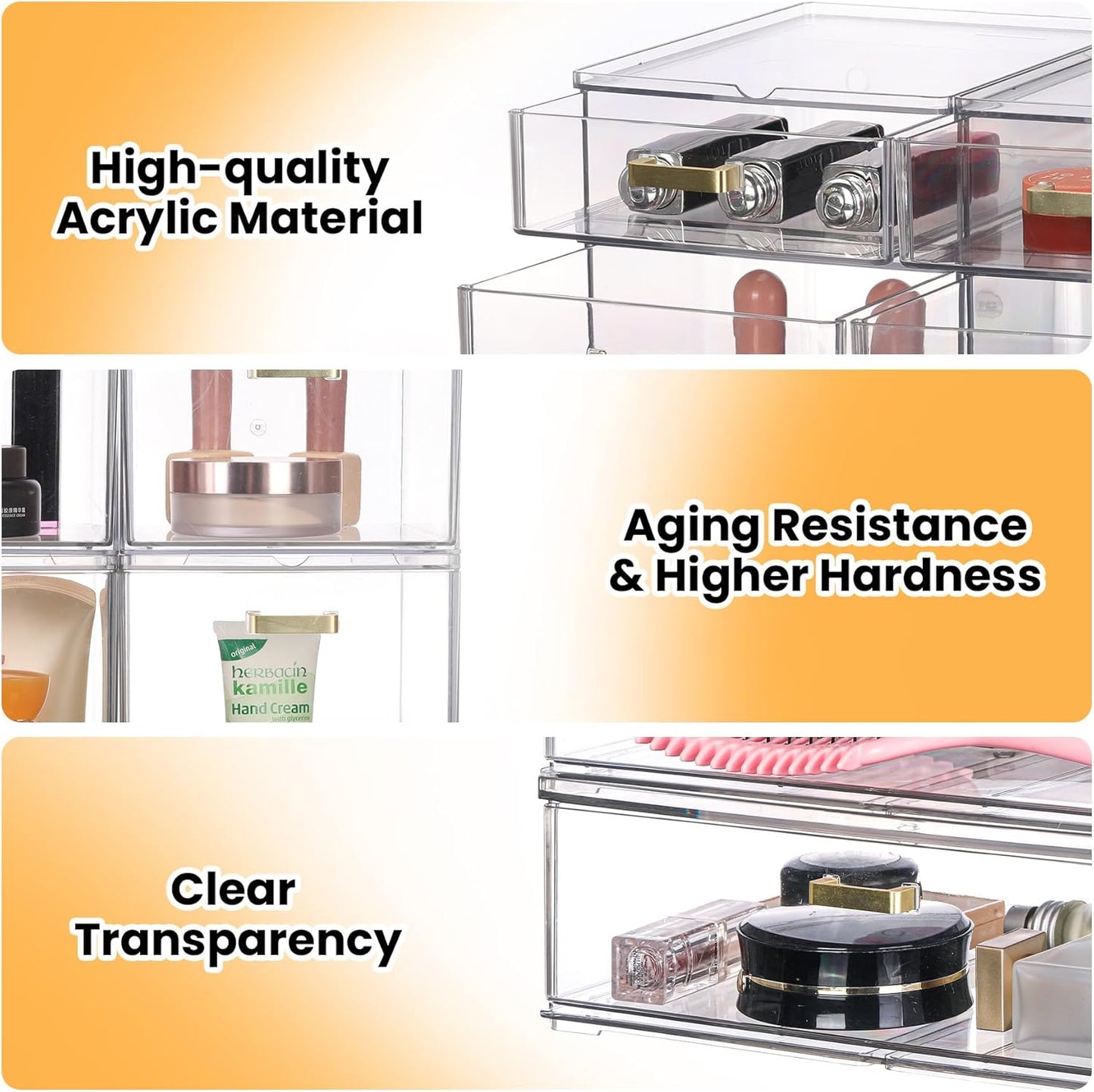 Stackable Storage Drawers, 6 Pack Clear Acrylic Organizer Bins with Golden Handles, Multi-Size Plastic Drawers for Makeup, Vanity, Kitchen, Bathroom, Office, Under Sink & Cabinet Organizatio