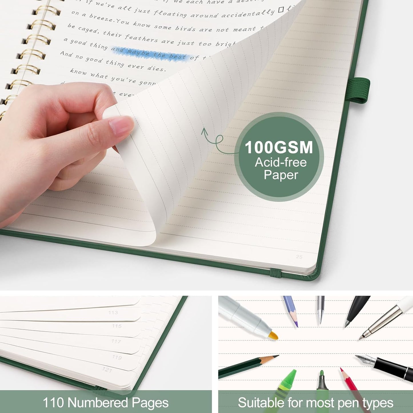 AHGXG Lined Spiral Notebook 8.5" x 11", A4 Large Notebooks for Women Men, Hardcover Leather Notebook College Ruled, 100 GSM Thick Paper, Notebooks for Work School Note Taking Writing, Green