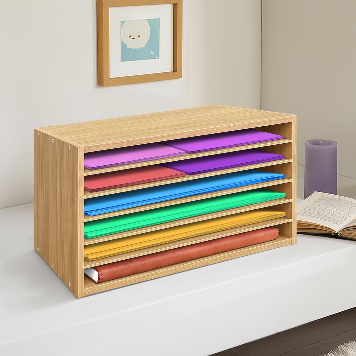 PROLEE Construction Paper Organizer 20" x 13.5" x12.2",Soild Wooden Paper Organizer with 6-Tier Letter Trays, Desktop File Papers Sorter for Home, Classroom and Office (Oak)