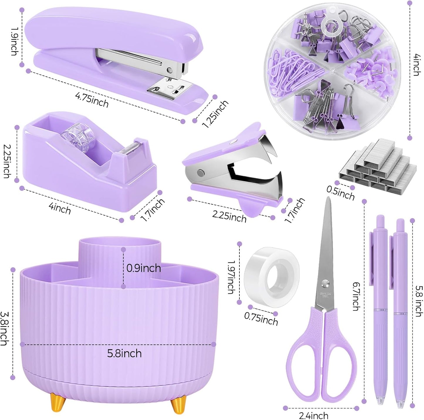 SKYDUE Purple Office Supplies Set, Purple Office Desk Accessories 10PCS, Pencil Holder for Desk, Stapler, Tape Dispenser, Scissors, Ruler, Binder/Paper Clips and 1000pcs Staples,Desk Supplies Set