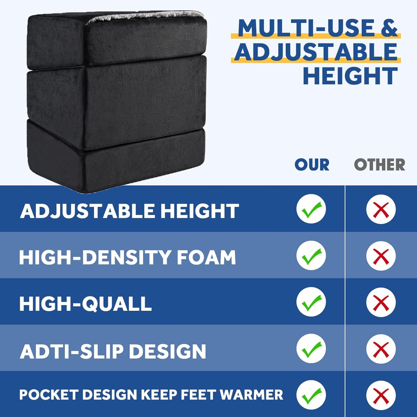 Foot Rest for Under Desk at Work, Adjustable Footrest for Office Chair & Gaming Chair,Ergonomic Footrest Pillow Desk Foot Stool with Washable Cover for Home, Airplane, Travel (Black)