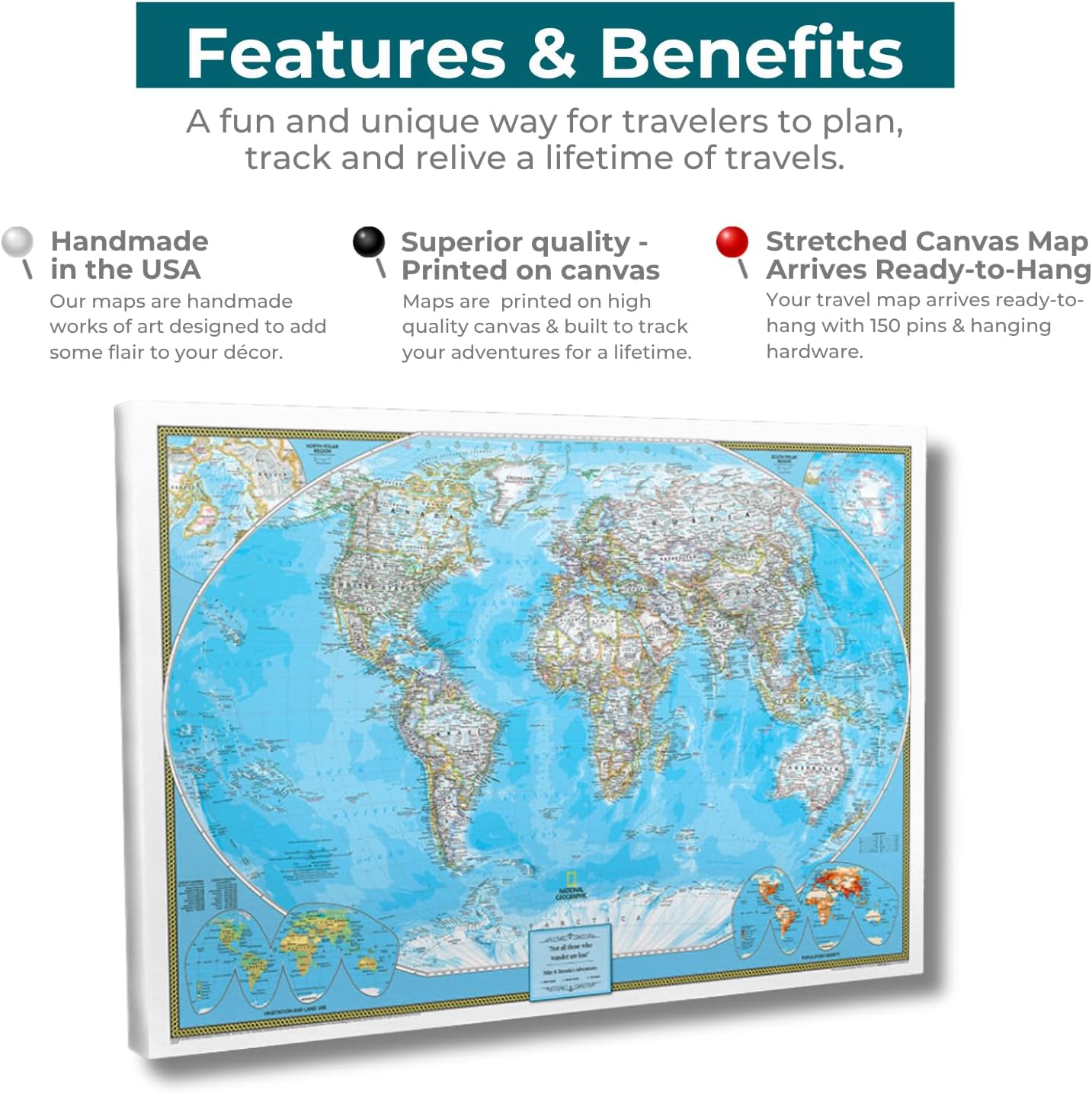 Push Pin Travel Maps Classic World Pin Board – Personalized Stretched Canvas Travel Map with Pins, Adventure Wall Art Décor for Tracking Trips - 24" x 36"