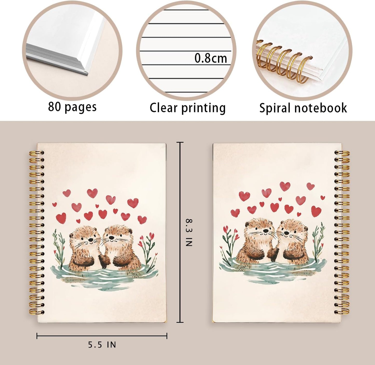 Cute Otter Couple Notebook Journal for Kids, Sea Otter Gifts Notebooks for Women, Animal Lovers Gifts Journal, Watercolor Cute Animal Hardcover Spiral Notebook 5.5x8.3 Inch