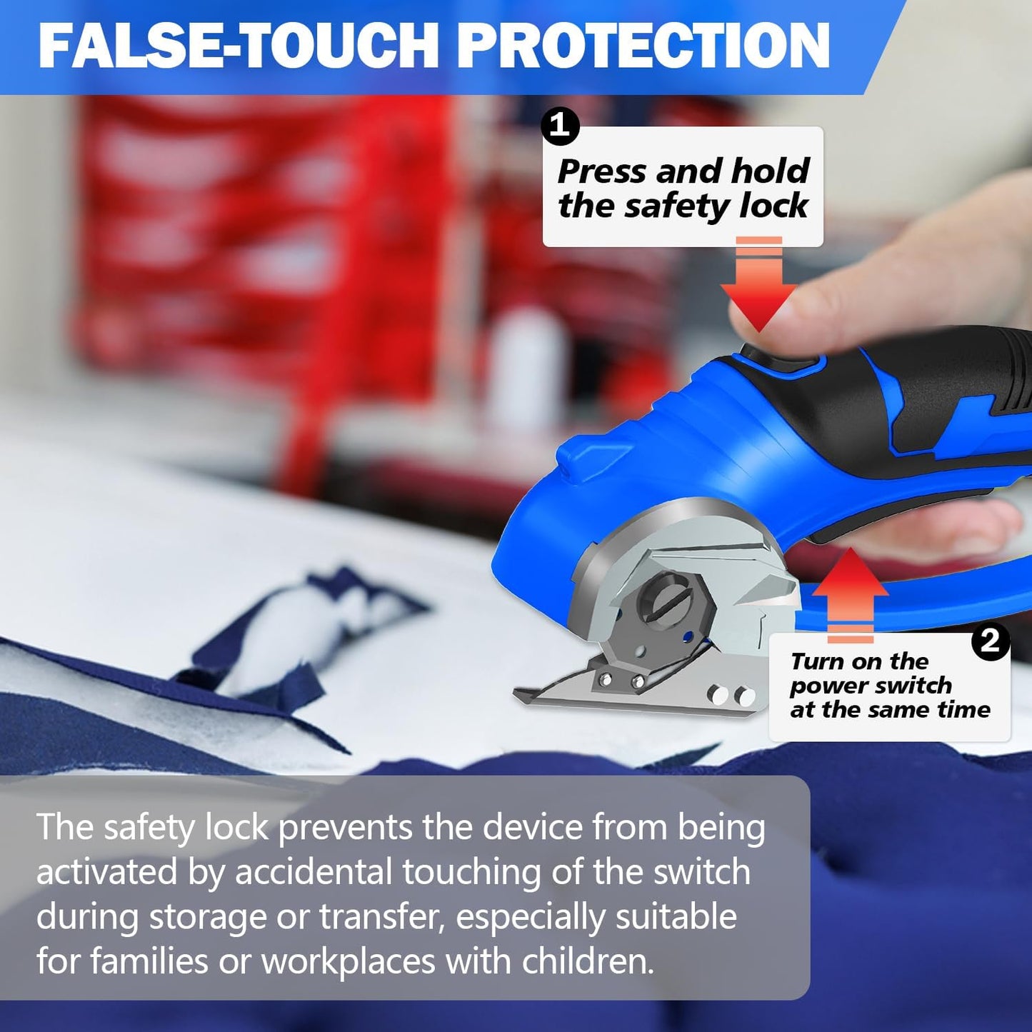 Cordless Electric Scissors, 4V Box Cutter & Cardboard Cutter with Upgrade Blade, LED Light, Safety Lock - Rechargeable Rotary Cutter for Fabric, Leather, Plastic, Sewing, Industrial (Royal Blue)