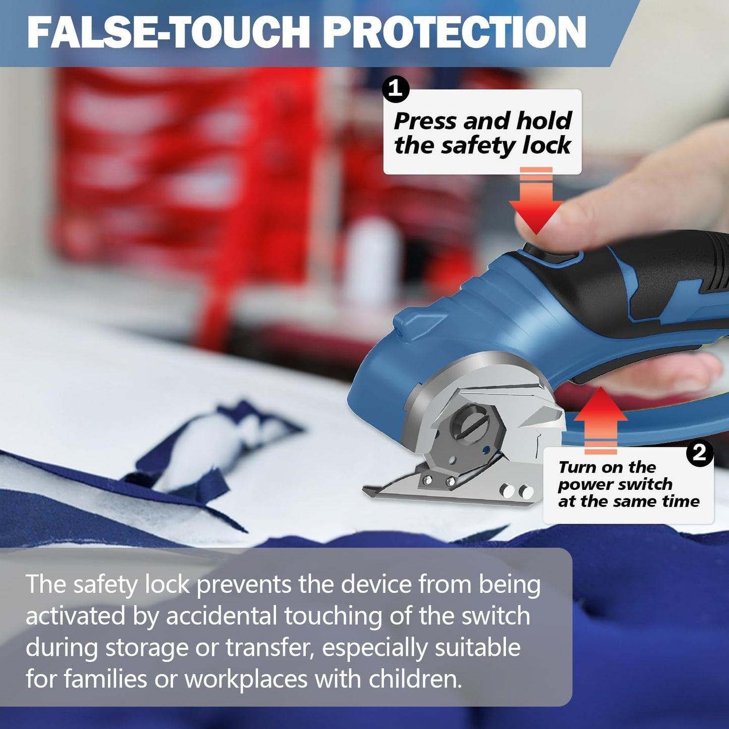 Cordless Electric Scissors, 4V Box Cutter & Cardboard Cutter with Upgrade Blade, LED Light, Safety Lock - Rechargeable Rotary Cutter for Fabric, Leather, Plastic, Sewing, Industrial (Steel Blue)