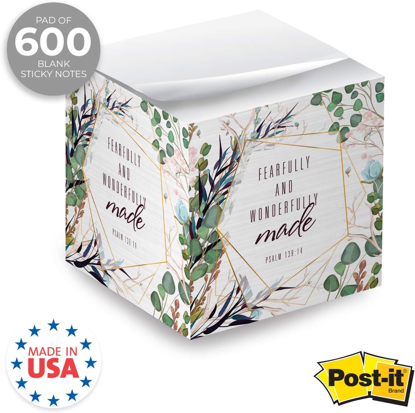 Religious Sticky Note Cube / 2.75" Memo Block Printed On 4 Sides/Modern Floral Christian Design