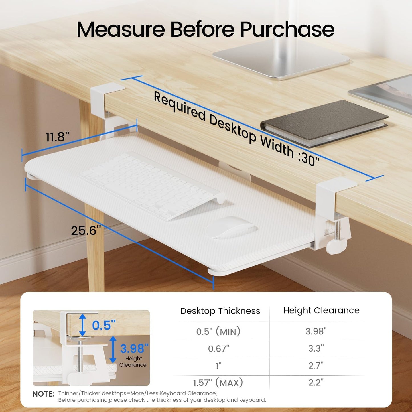 NearHub Large Keyboard Tray Under Desk Slide Out with Extra Sturdy C Clamp Mount System,26'' (30'' including Clamps) x11 Slide-Out Keyboard Drawer Under Desk for Typing,Keyboard Mouse Tray,White
