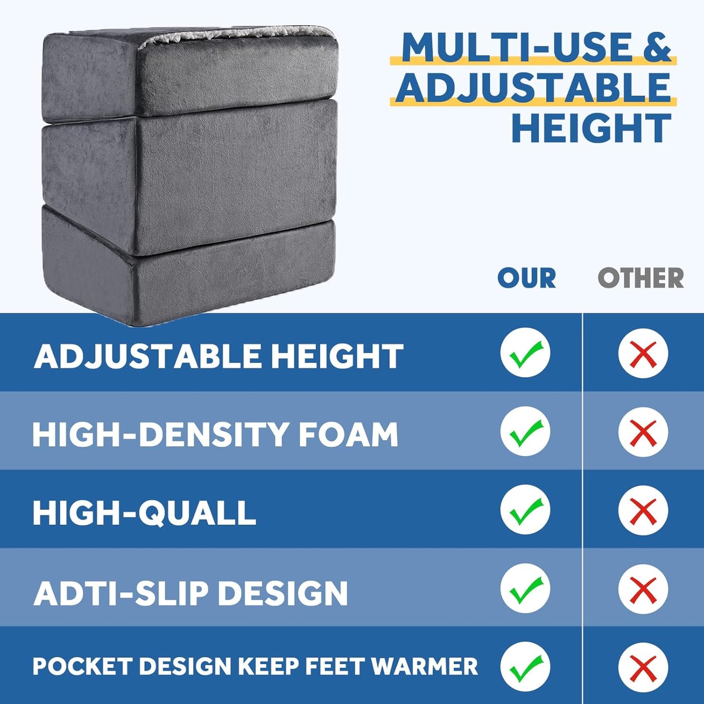 Foot Rest for Under Desk at Work, Adjustable Footrest for Office Chair & Gaming Chair,Ergonomic Footrest Pillow Desk Foot Stool with Washable Cover for Home, Airplane, Travel (Gray)