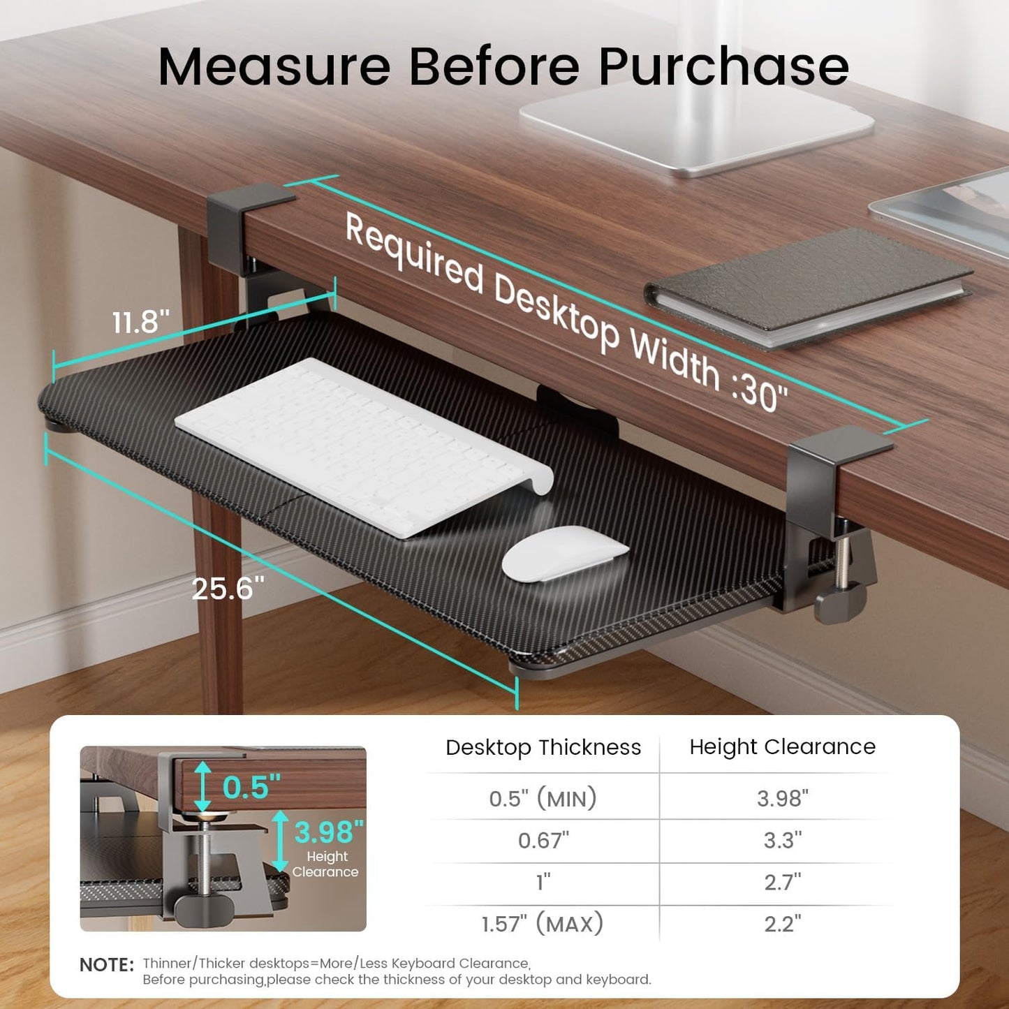 NearHub Large Keyboard Tray Under Desk Slide Out with Extra Sturdy C Clamp Mount System,26'' (30'' including Clamps) x11 Slide-Out Keyboard Drawer Under Desk for Typing,Keyboard Mouse Tray,Black