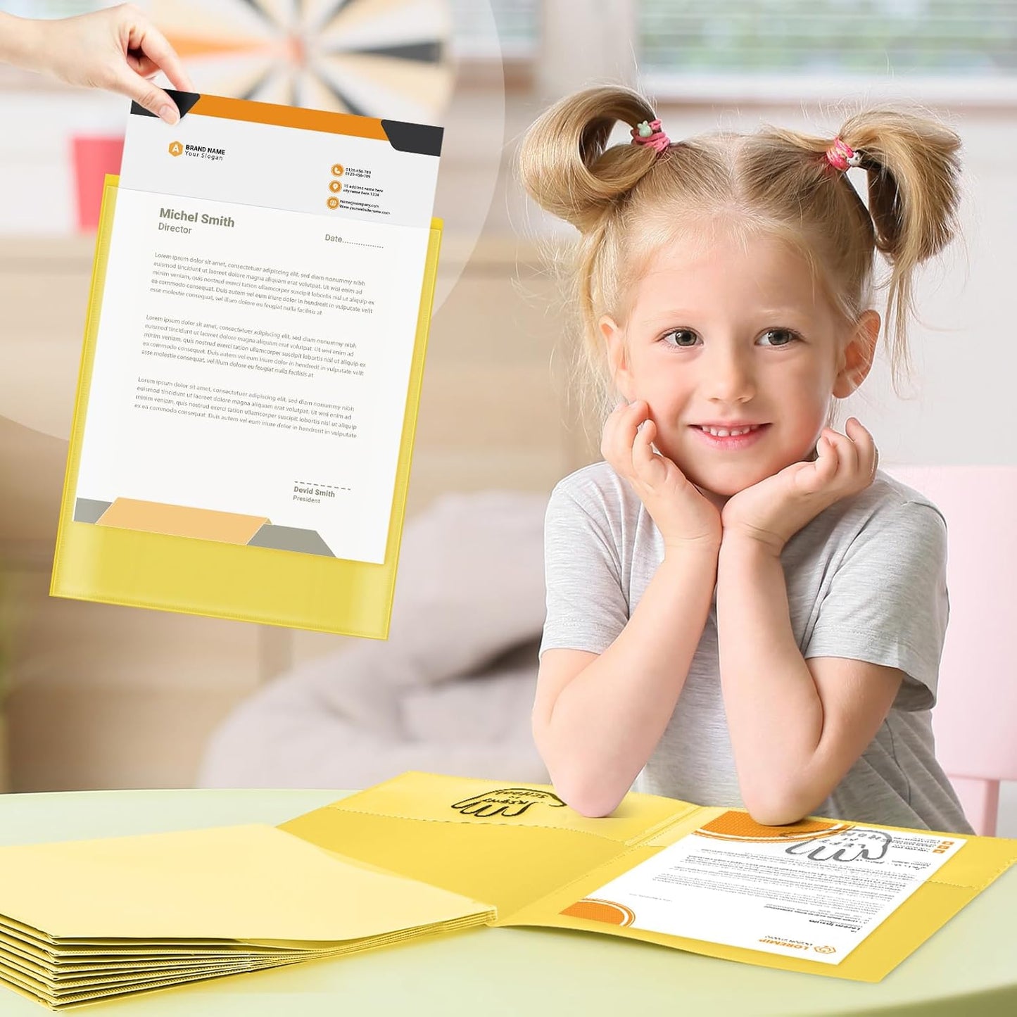 Henoyso 24 Piece Two Pocket Parent Teacher Communication Folder Homework Take Home Folders with Clear Front Pocket Plastic Heavy Duty Fit Letter Size for Home and School 11.8 x 9.45(Yellow)