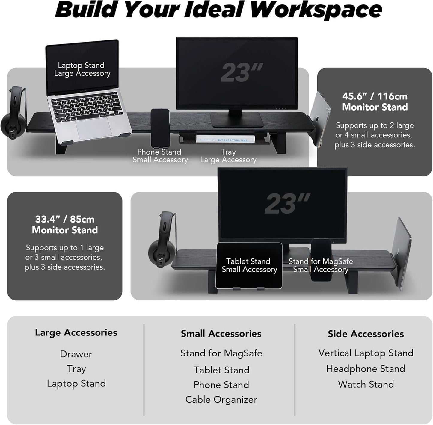 Moodular Wooden Monitor Stand 45.6” (116cm) Large Desk Organizer with Metal Slide Rails for Drawer, Tray, Laptop, Tablet, Phone & Headphones Customizable Riser for Organized Workspace Walnut