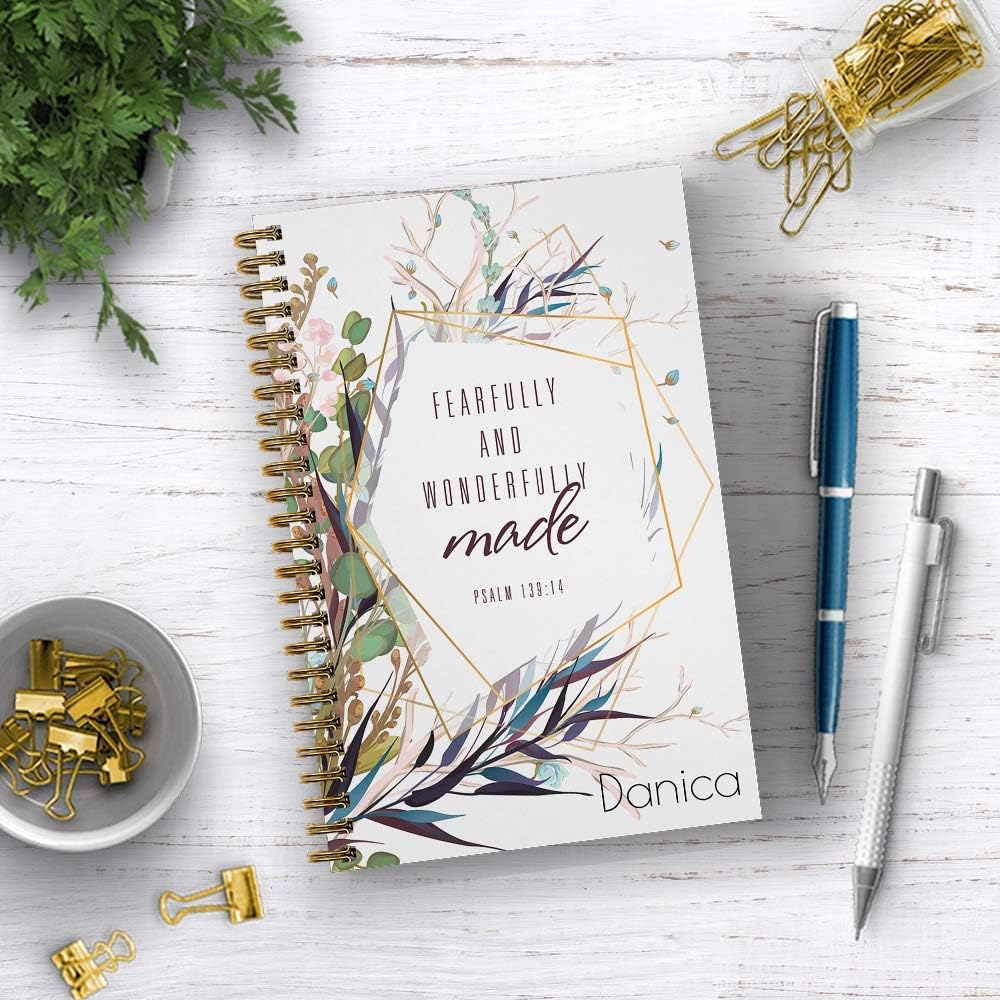 Gotcha Covered Notebooks Wonderfully Made Personalized Religious Notebook/Journal, Laminated Soft Cover, 120 pages of your selected paper, lay flat wire-o spiral. Size: 5.5” x 8.5”. Made in the USA