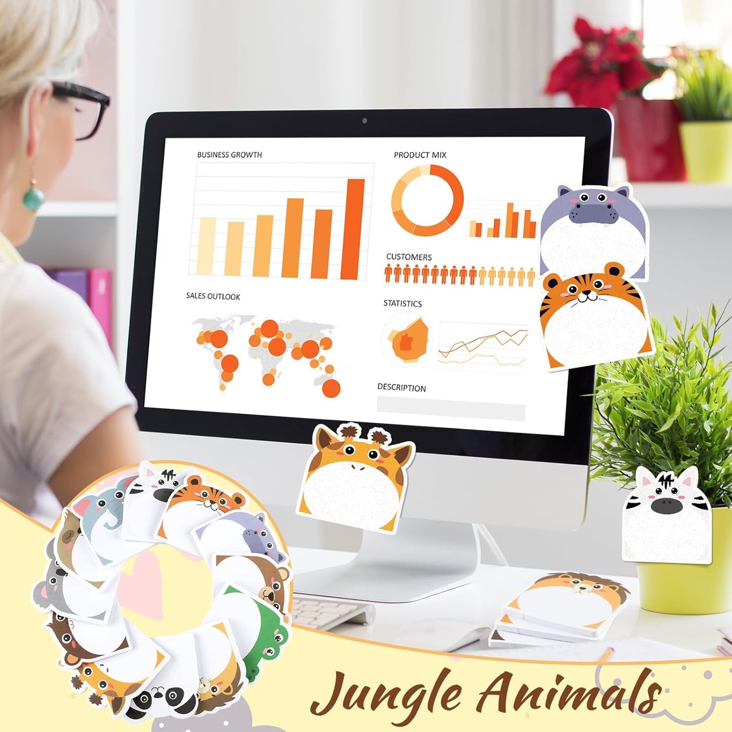 Yinder 24 Pads Cute Sticky Notes Fun Kawaii Animal Sticky Notes Pads Bulk Cartoon Memo Self Adhesive Gift for Christmas Veterinary Office School Tab Party Supplies(Safari Animals)