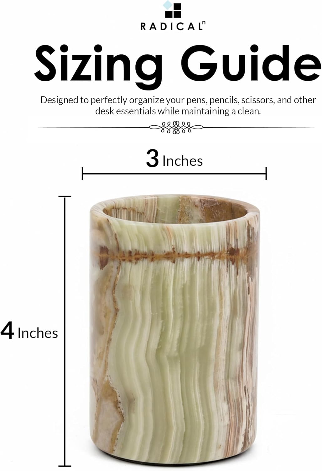 Radicaln Marble Pen Holder For Desk 4" Inches Green Onyx Handmade Stationary Holder For Office Supplies, Ideal Pencil Holders & Desk Organizer, Use for Makeup Accessories