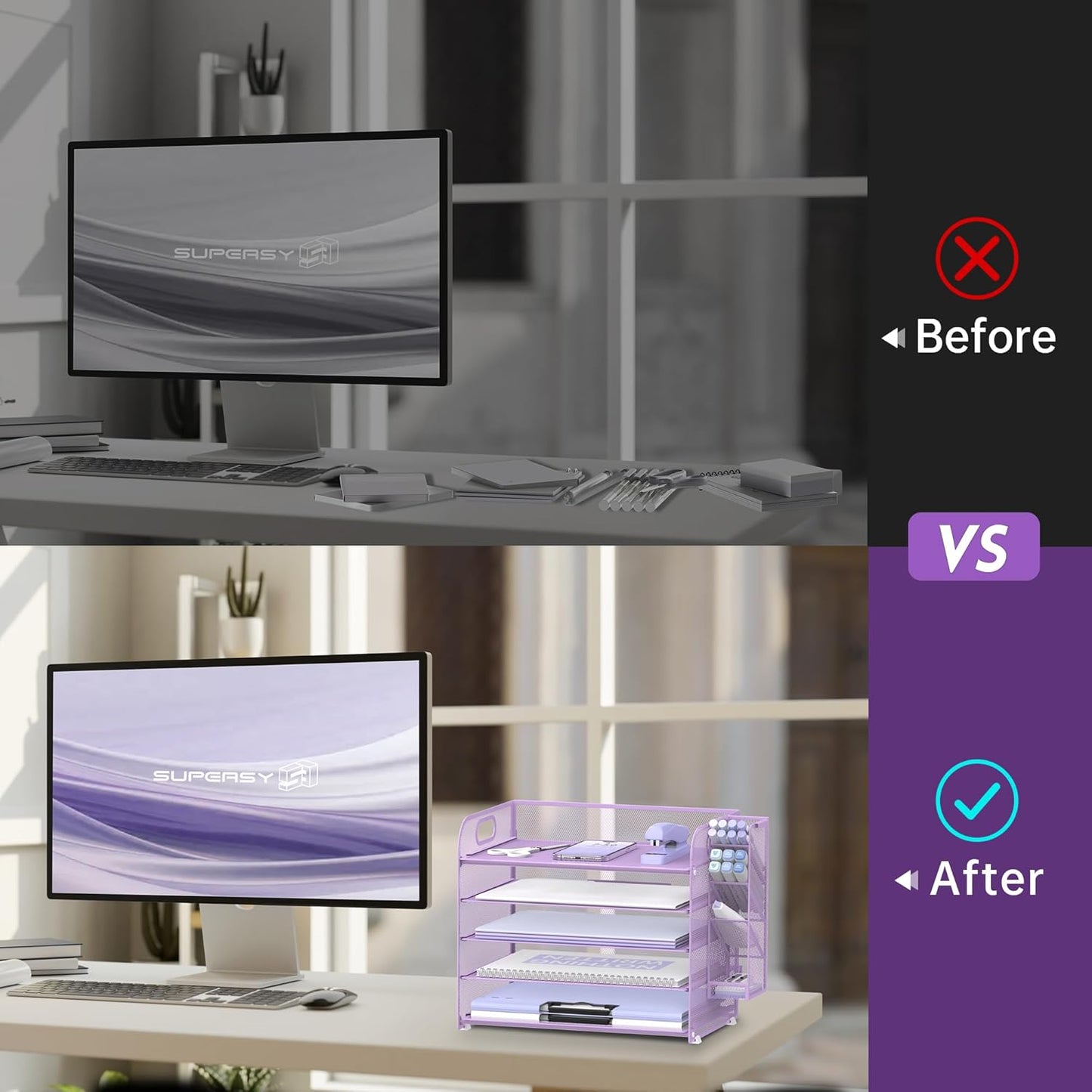 SUPEASY 5 Tier Desk Organizer with Handle & Removable Pen Holders, Mesh Paper/File Organizer for Desk, Paper Letter Tray Organizer for Office Supplies (Purple)