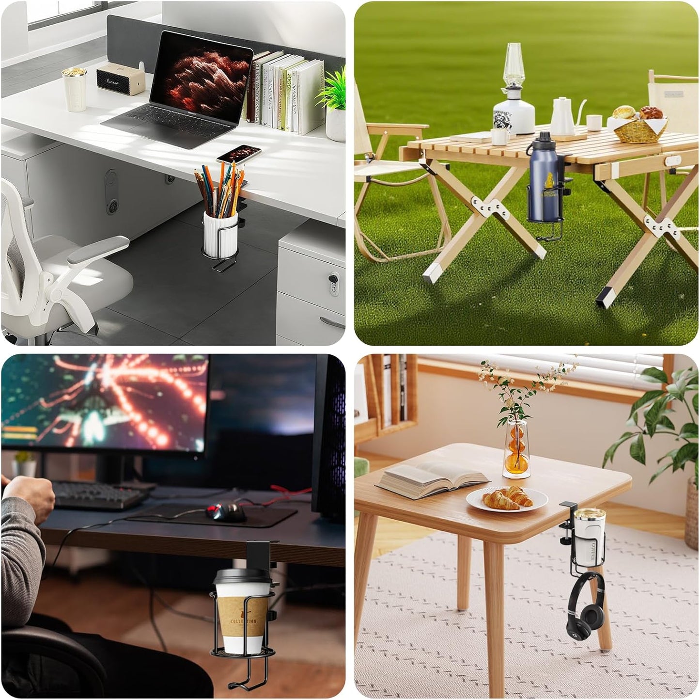 2 Pack 2 in 1 Desk Mug Hooks with Headphone Hanger Holder, Anti-Spill Clip-On Table Mug Hooks with 360° Rotation for Lawn Chair, Office Home Gaming Table