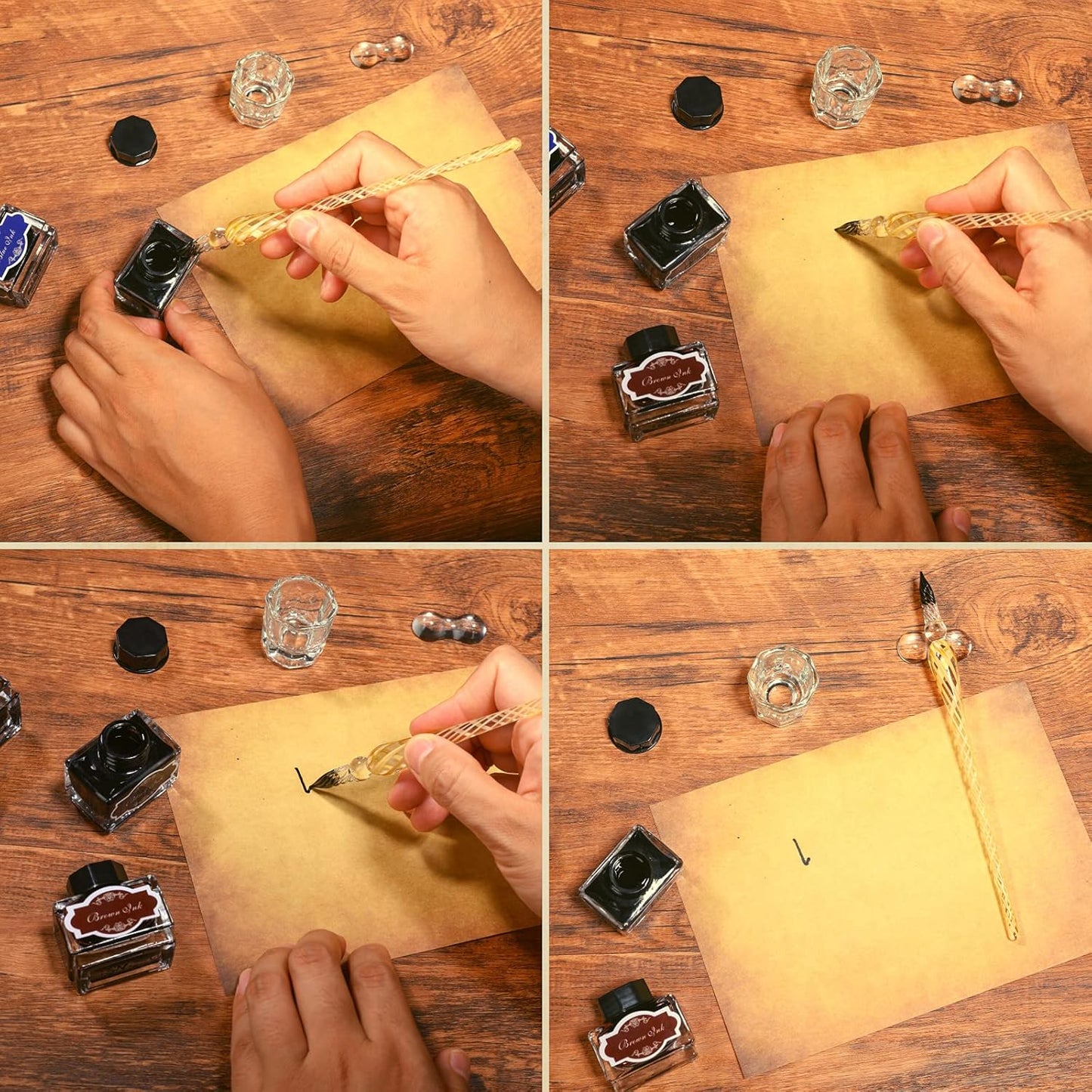 Calligraphy Pen Set Include Vintage Fountain Wooden Pen Glass Dip Pen for Beginners, 4 Colors Bottles of Ink, 10 Replaceable Nibs, 2 Pen Holders